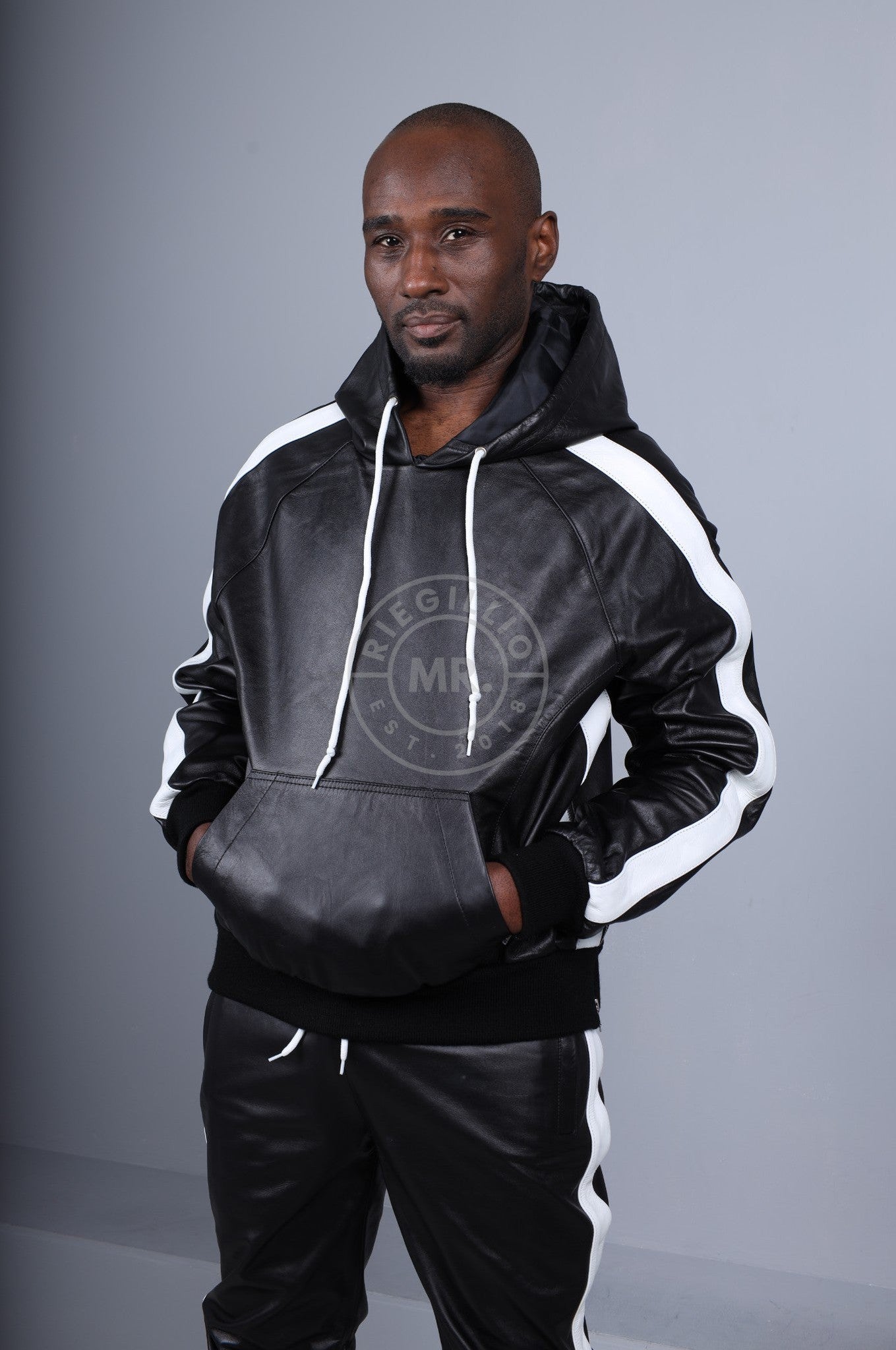 Black Leather Sports Hoodie - White Stripe at MR. Riegillio