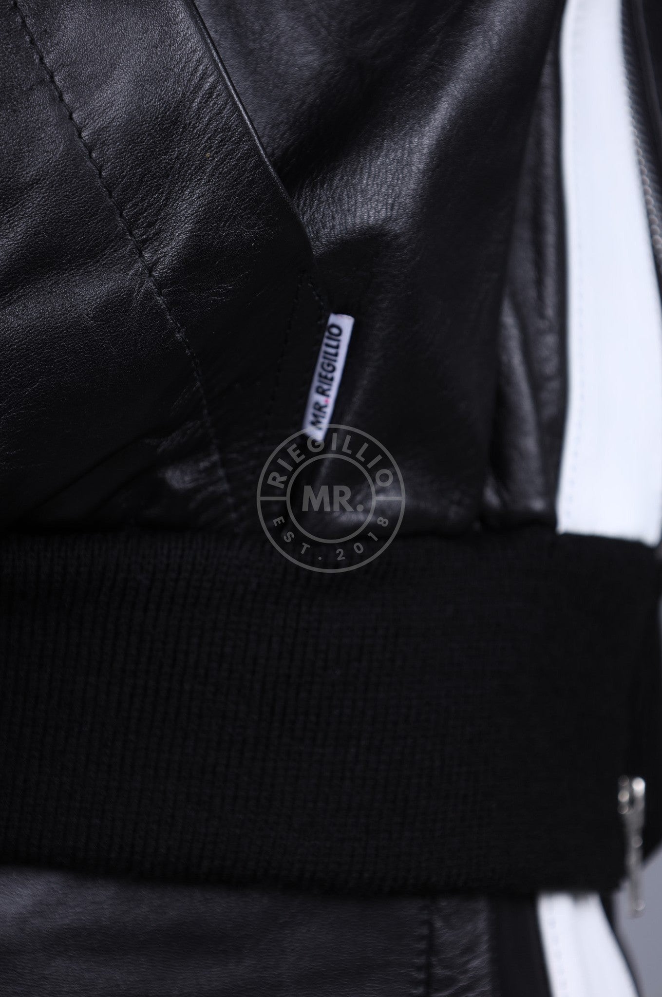 Black Leather Sports Hoodie - White Stripe at MR. Riegillio