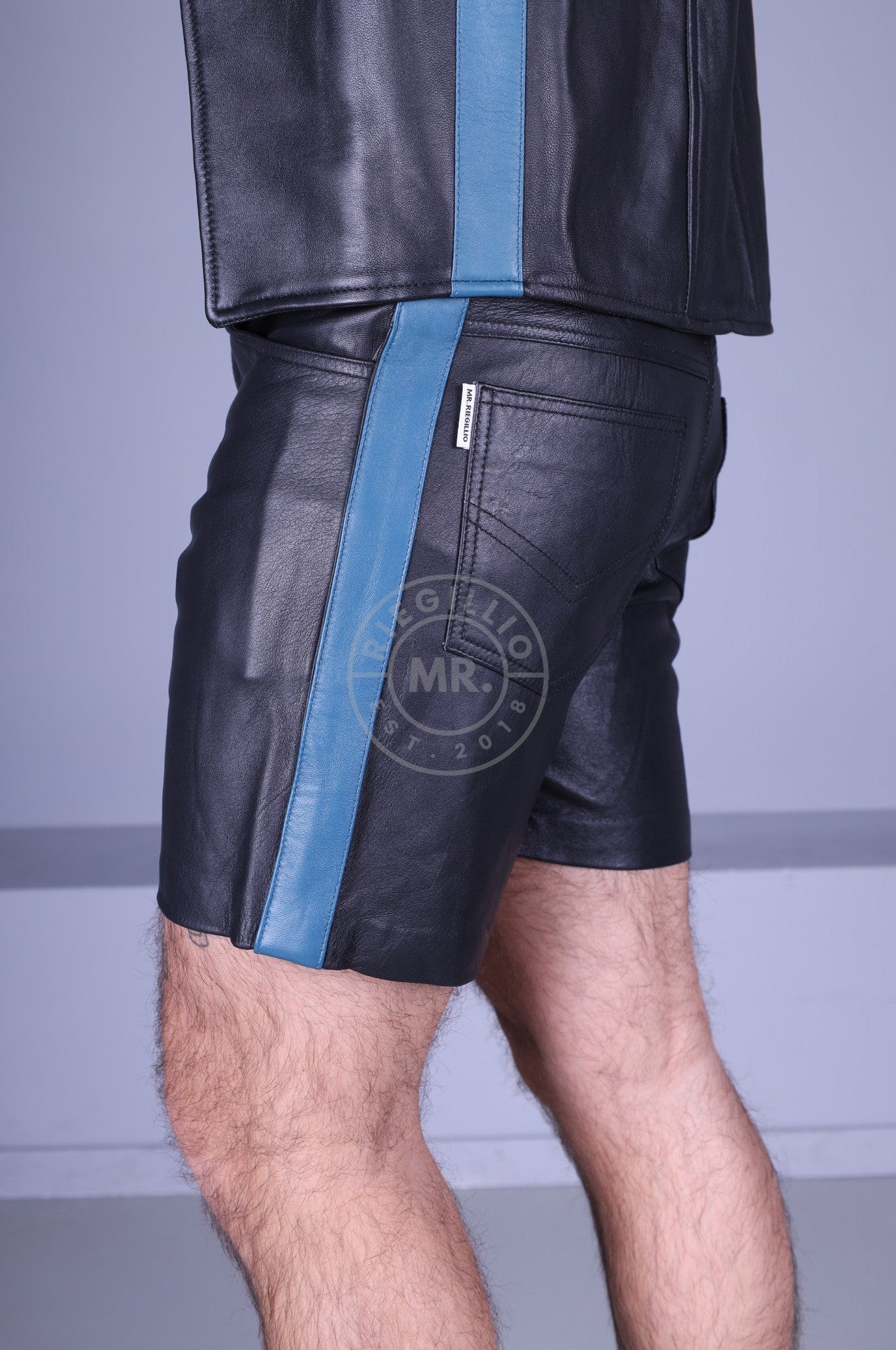 Black Leather 5 Pocket Short - Jeans Blue Stripe at MR. Riegillio