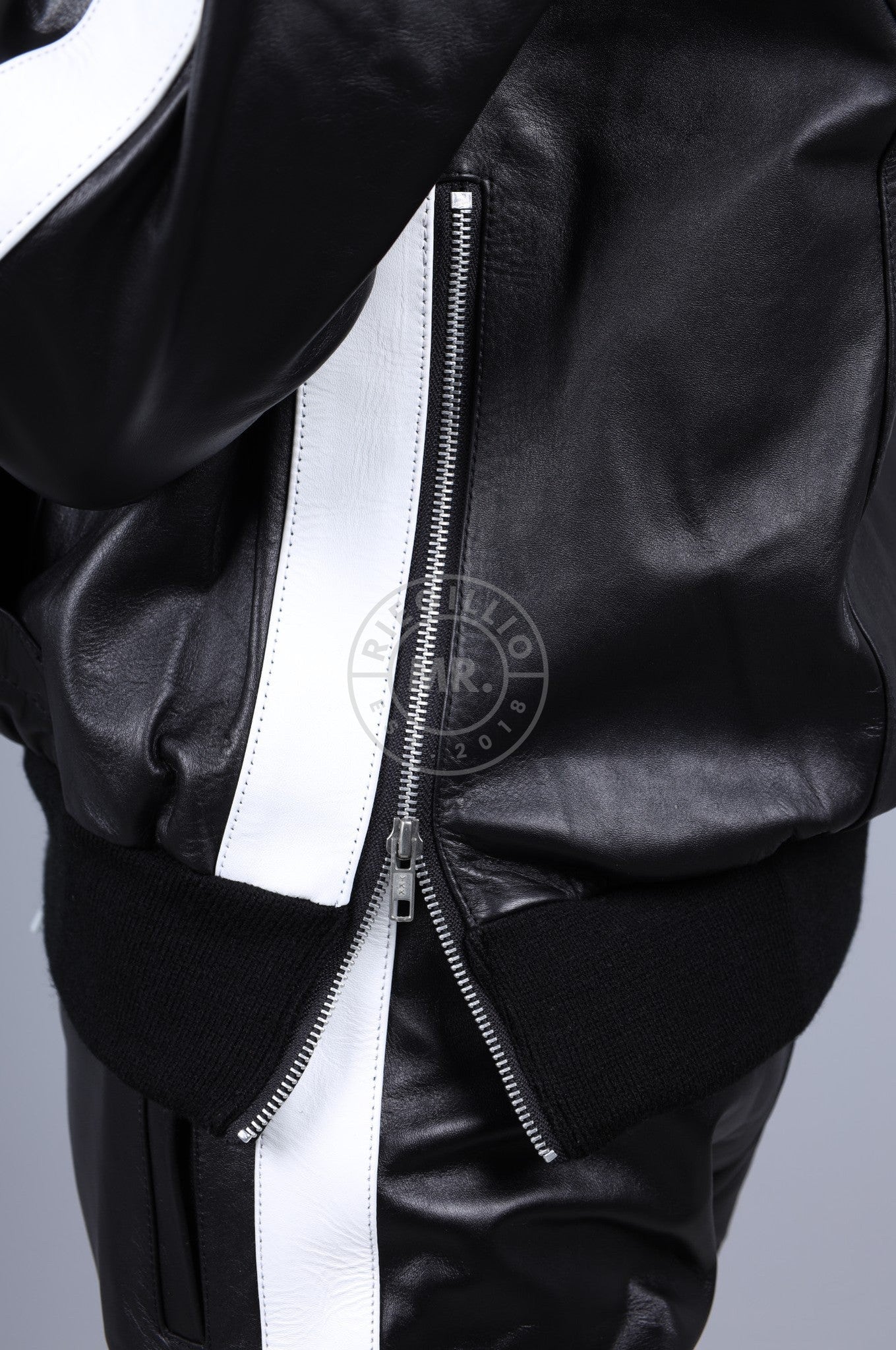 Black Leather Sports Hoodie - White Stripe at MR. Riegillio