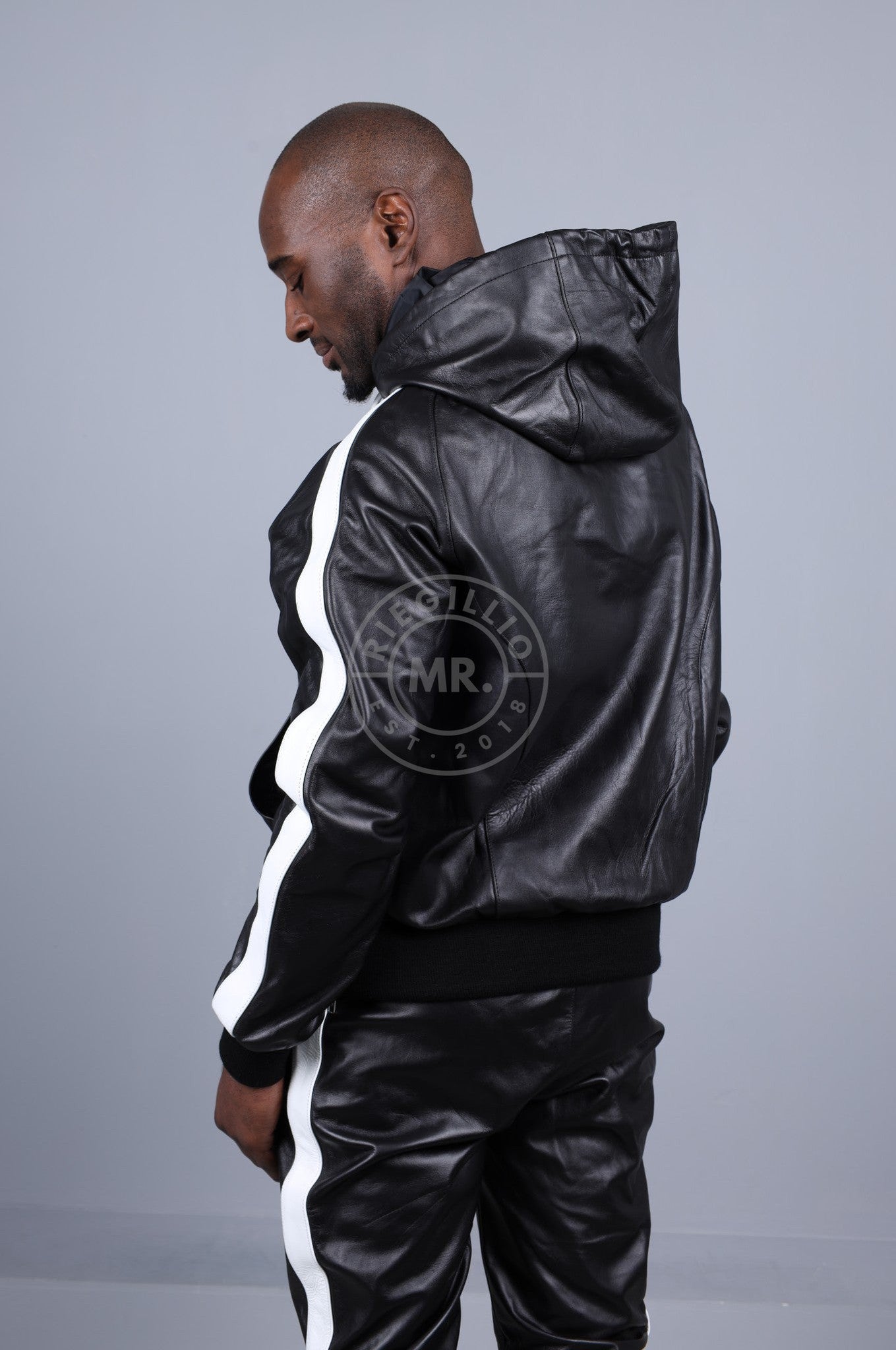 Black Leather Sports Hoodie - White Stripe at MR. Riegillio