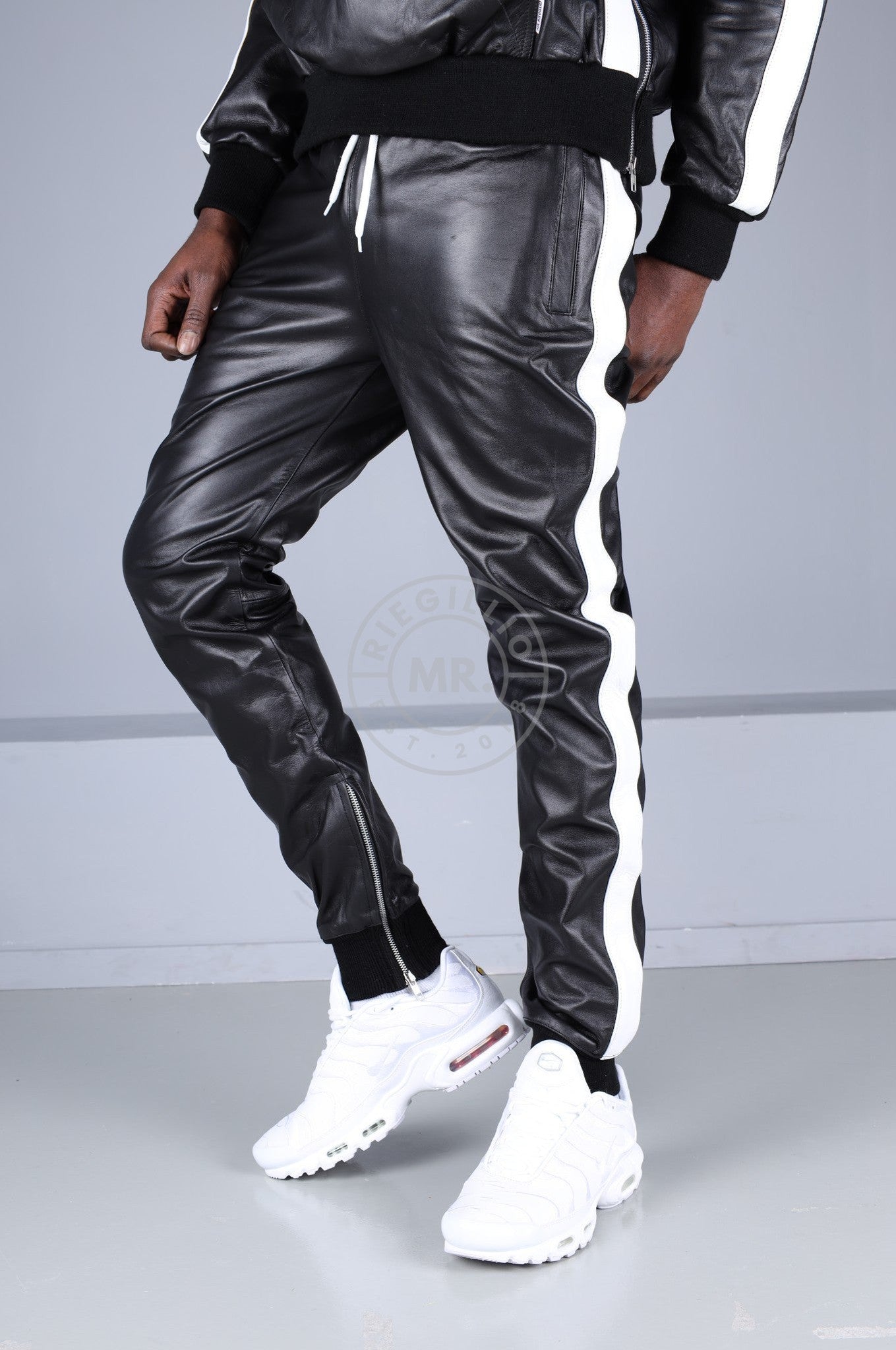 Black Leather Sports Pants - White Stripe at MR. Riegillio