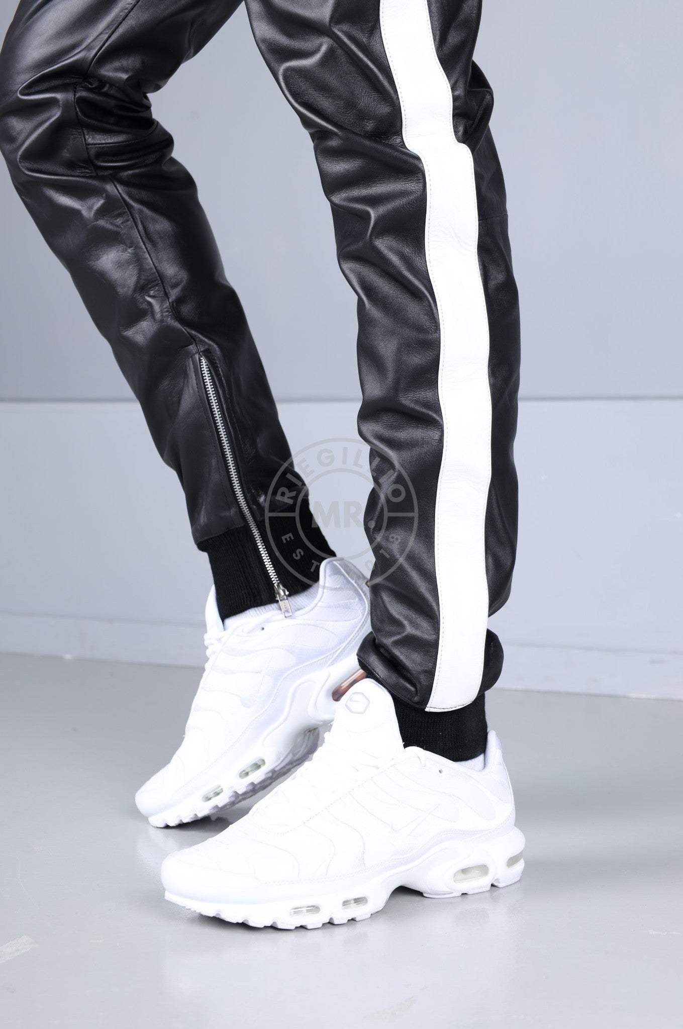 Black Leather Sports Pants - White Stripe at MR. Riegillio