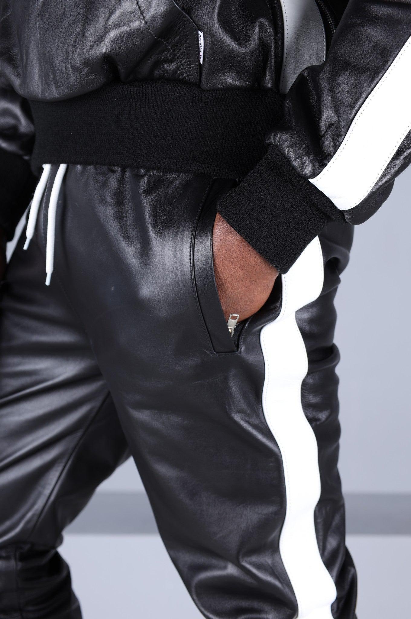 Black Leather Sports Pants - White Stripe at MR. Riegillio