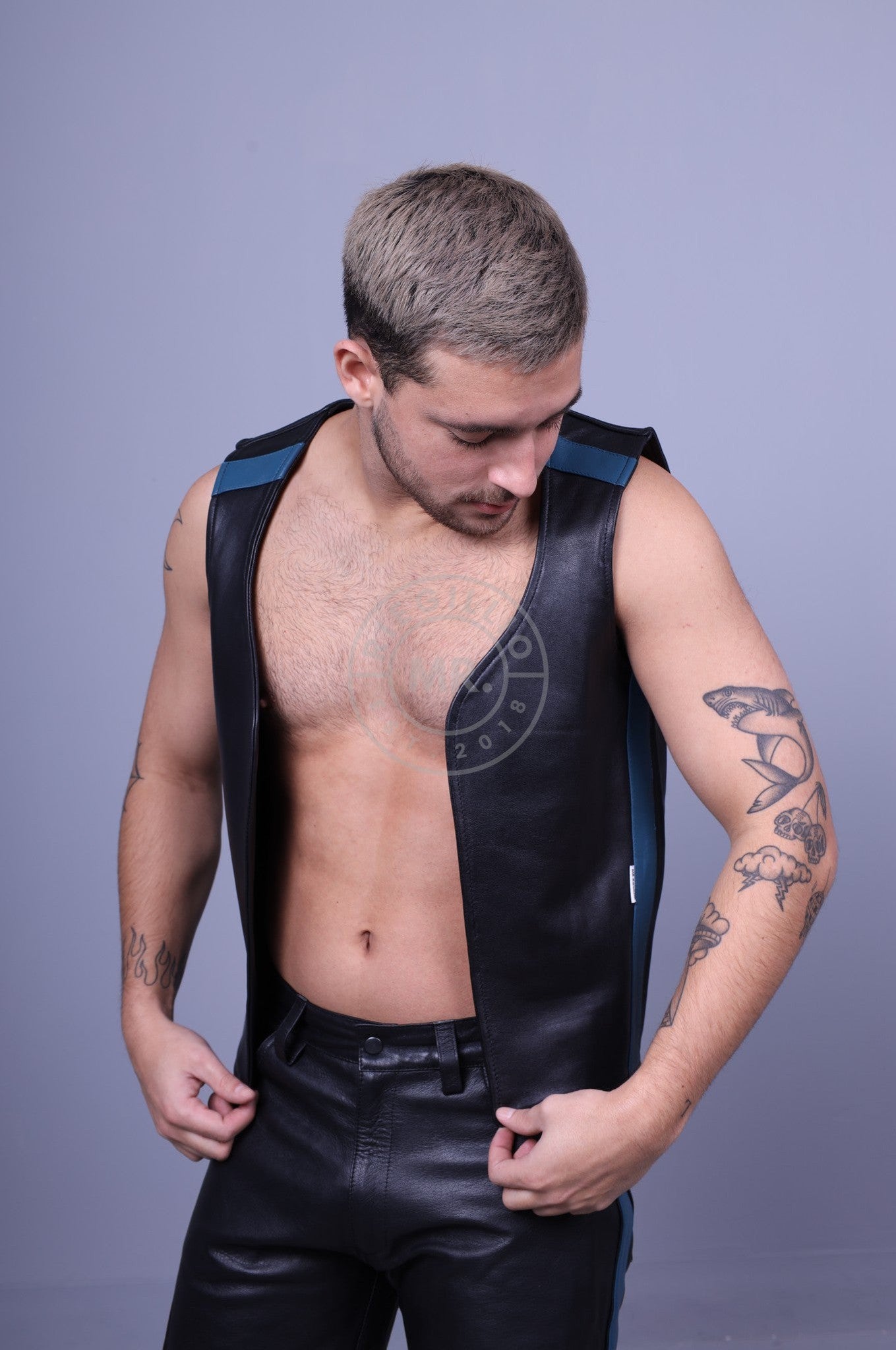 Black Leather Waistcoat - Jeans Blue Stripe at MR. Riegillio