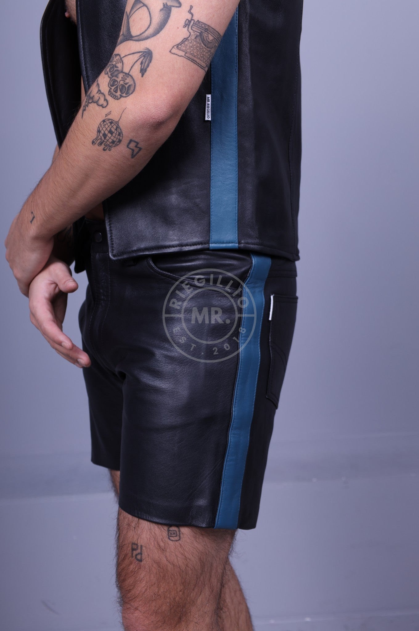 Black Leather Waistcoat - Jeans Blue Stripe at MR. Riegillio