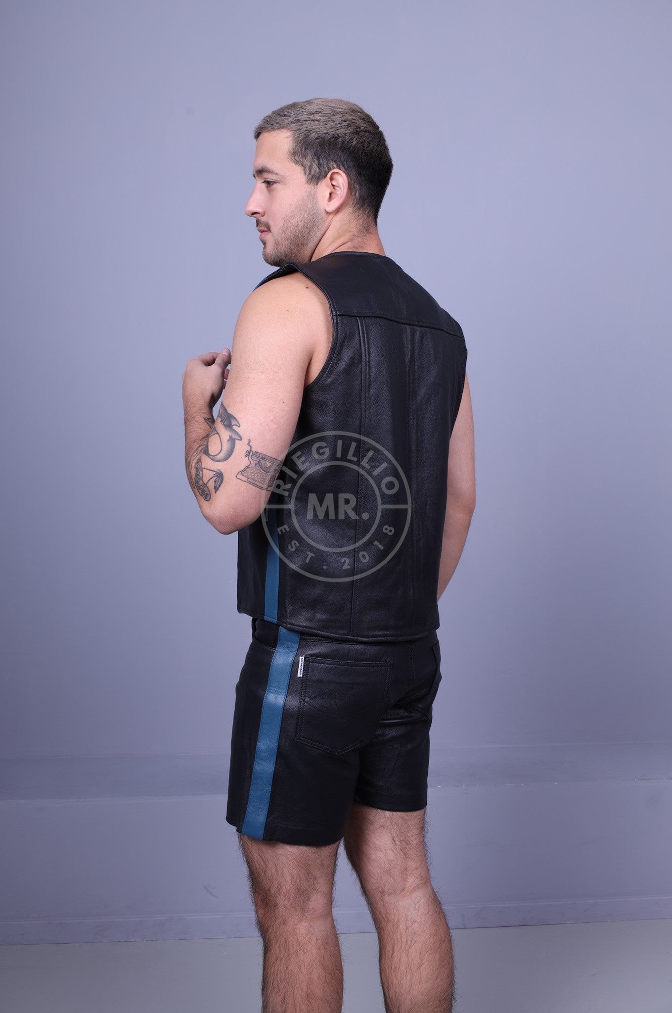 Black Leather Waistcoat - Jeans Blue Stripe at MR. Riegillio