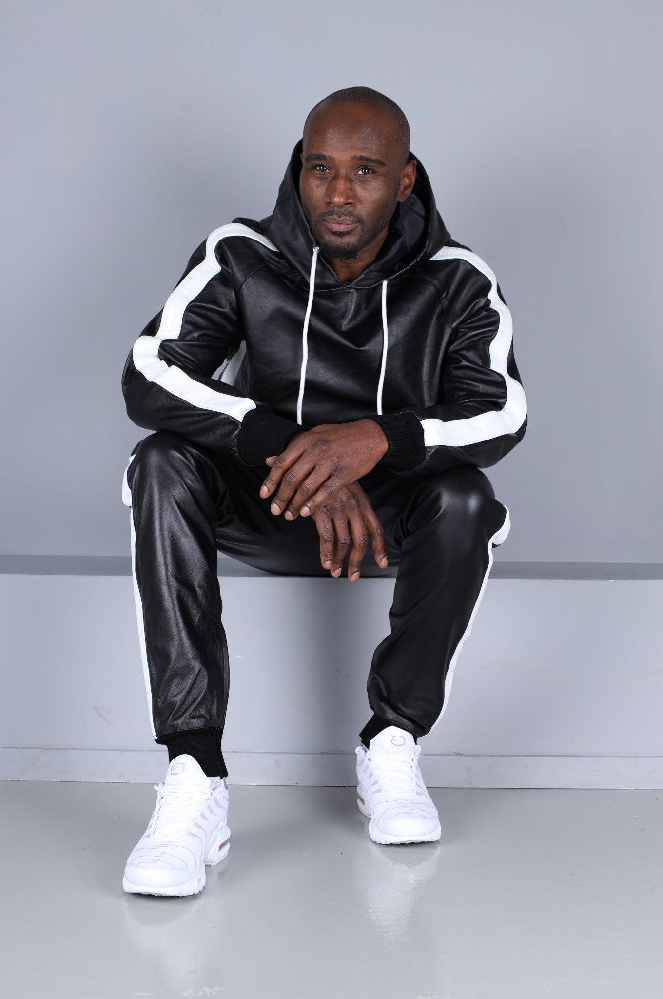 Black Leather Sports Hoodie - White Stripe at MR. Riegillio