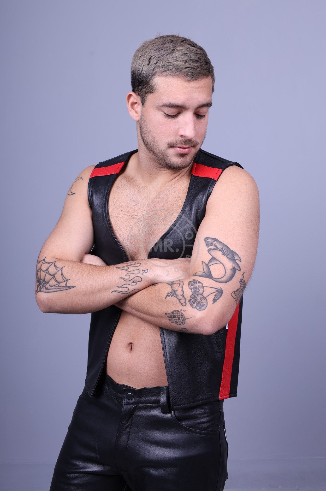 Black Leather Waistcoat - Red Stripe at MR. Riegillio