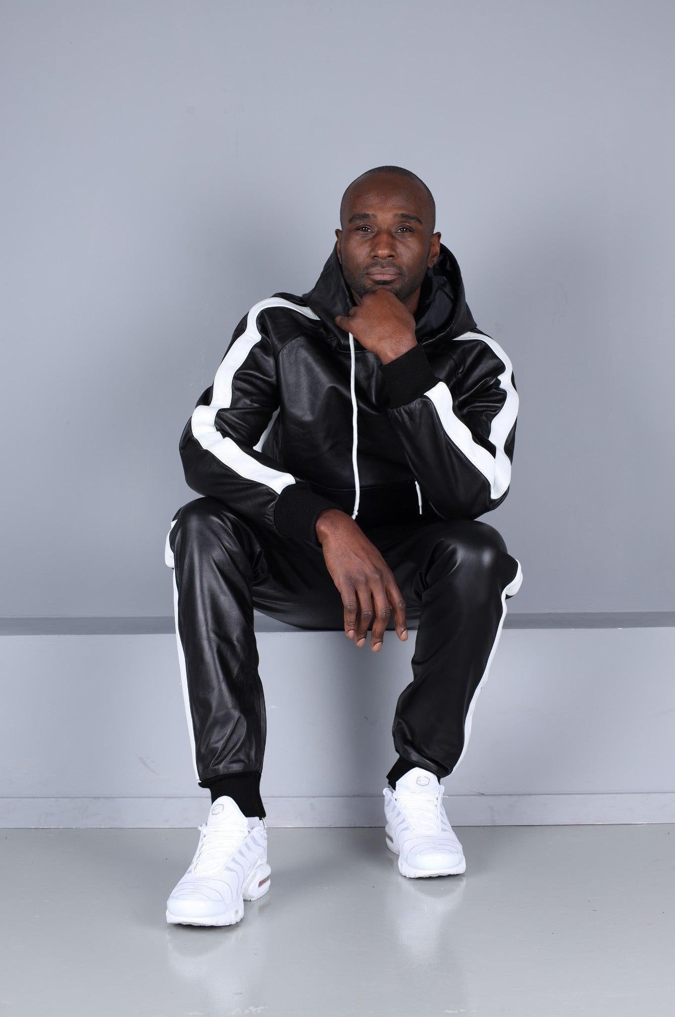 Black Leather Sports Pants - White Stripe at MR. Riegillio