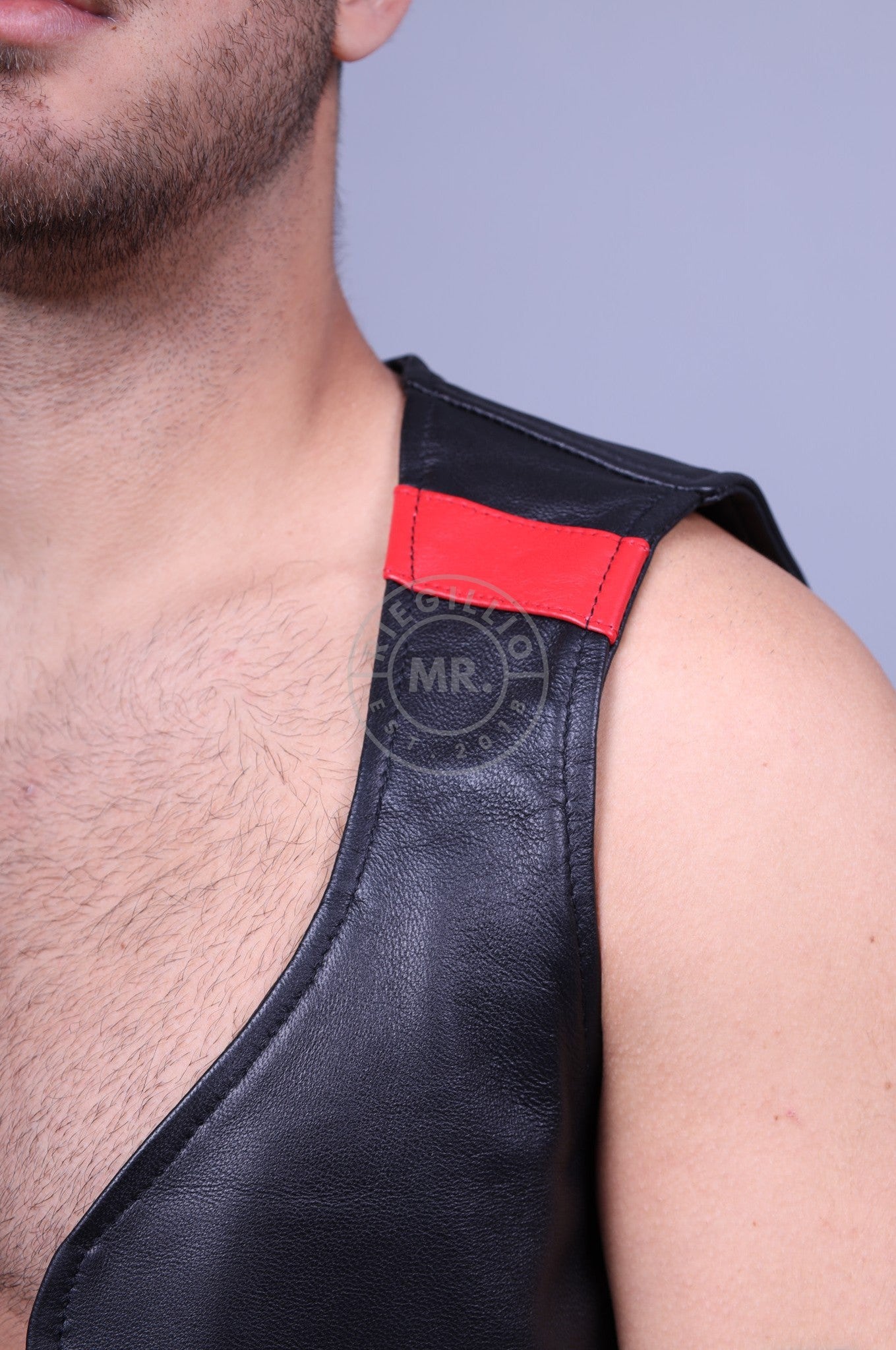 Black Leather Waistcoat - Red Stripe at MR. Riegillio