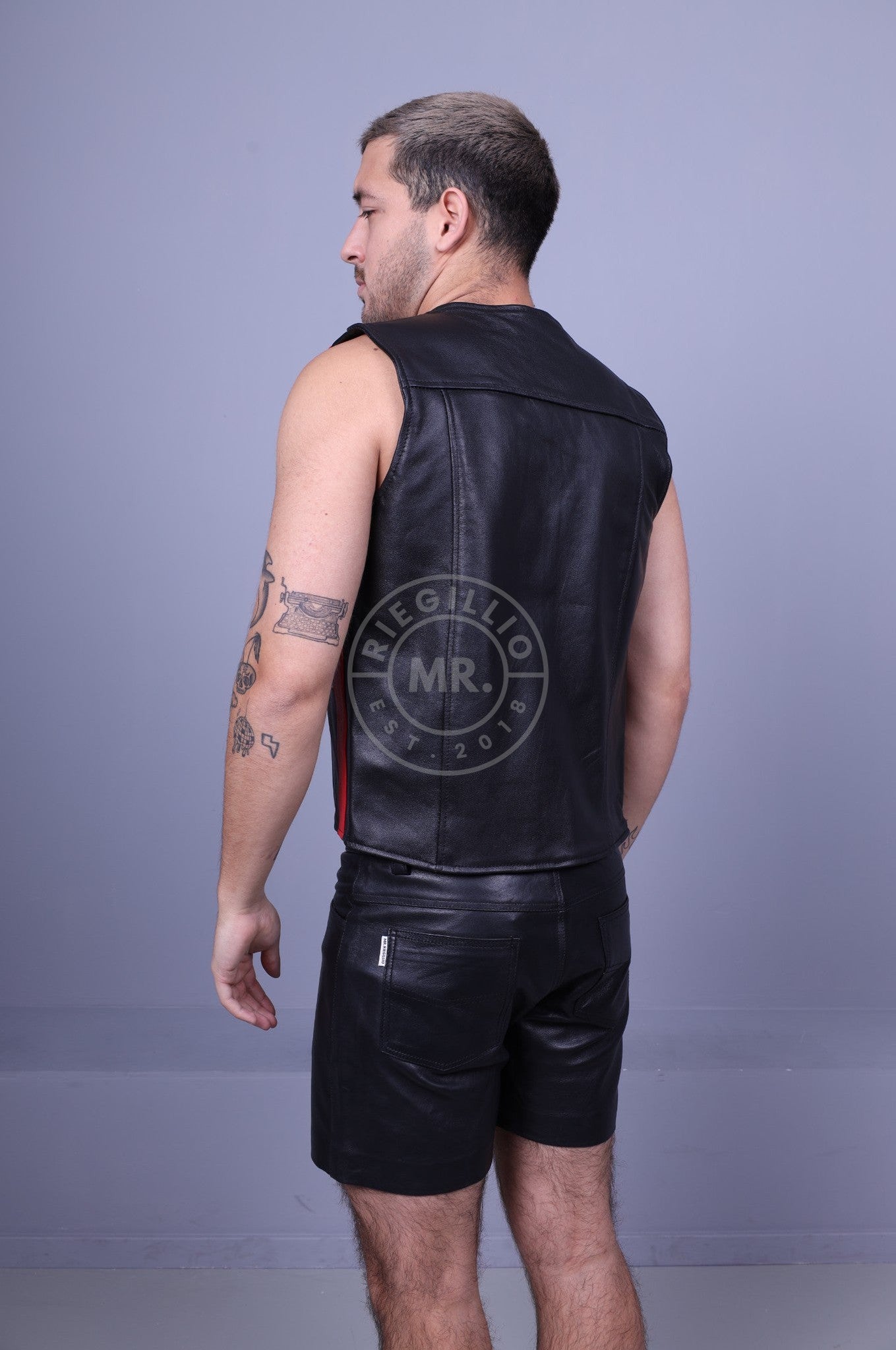 Black Leather Waistcoat - Red Stripe at MR. Riegillio