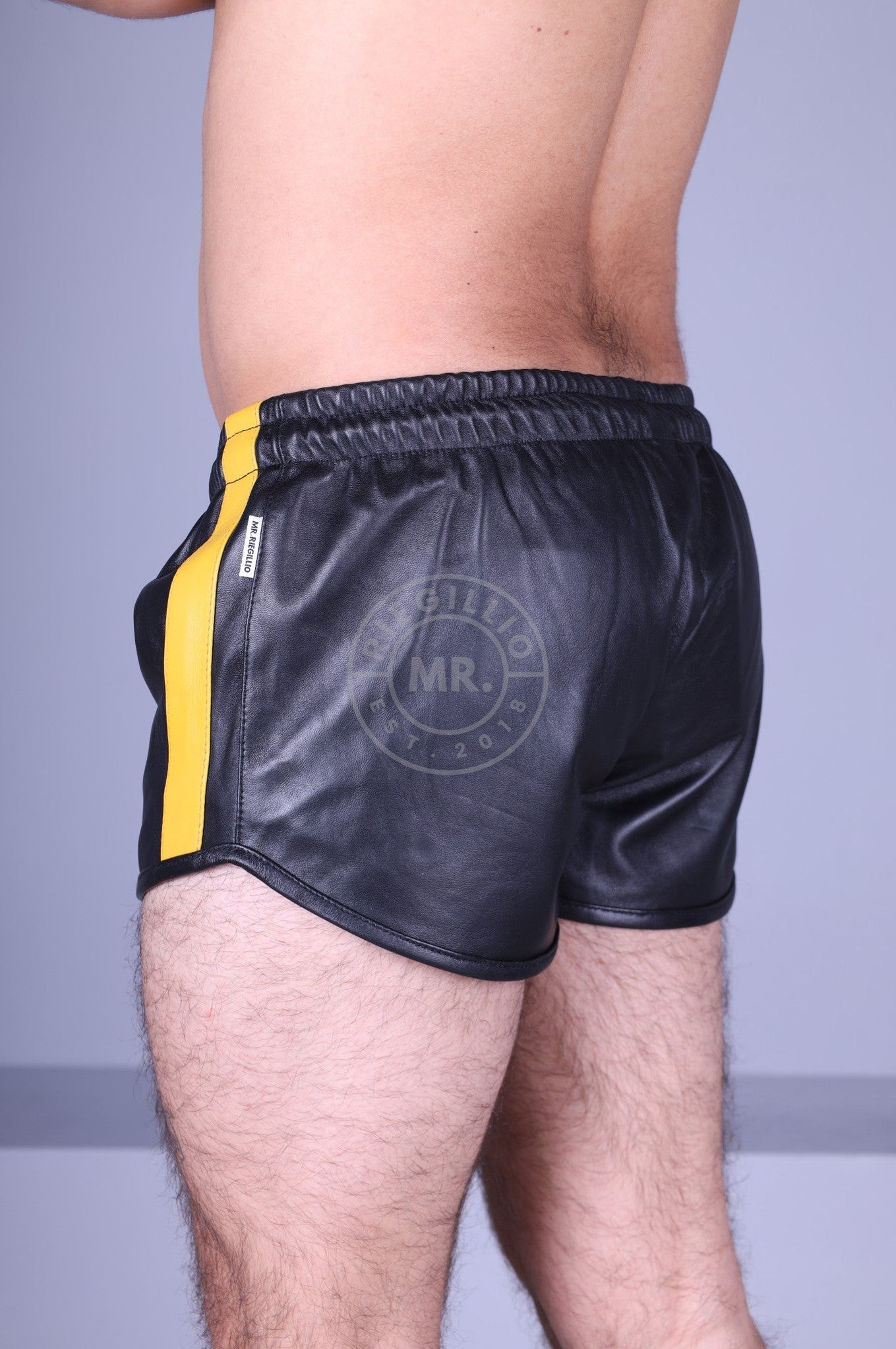 Black Leather Mini Short - YELLOW STRIPE-at MR. Riegillio