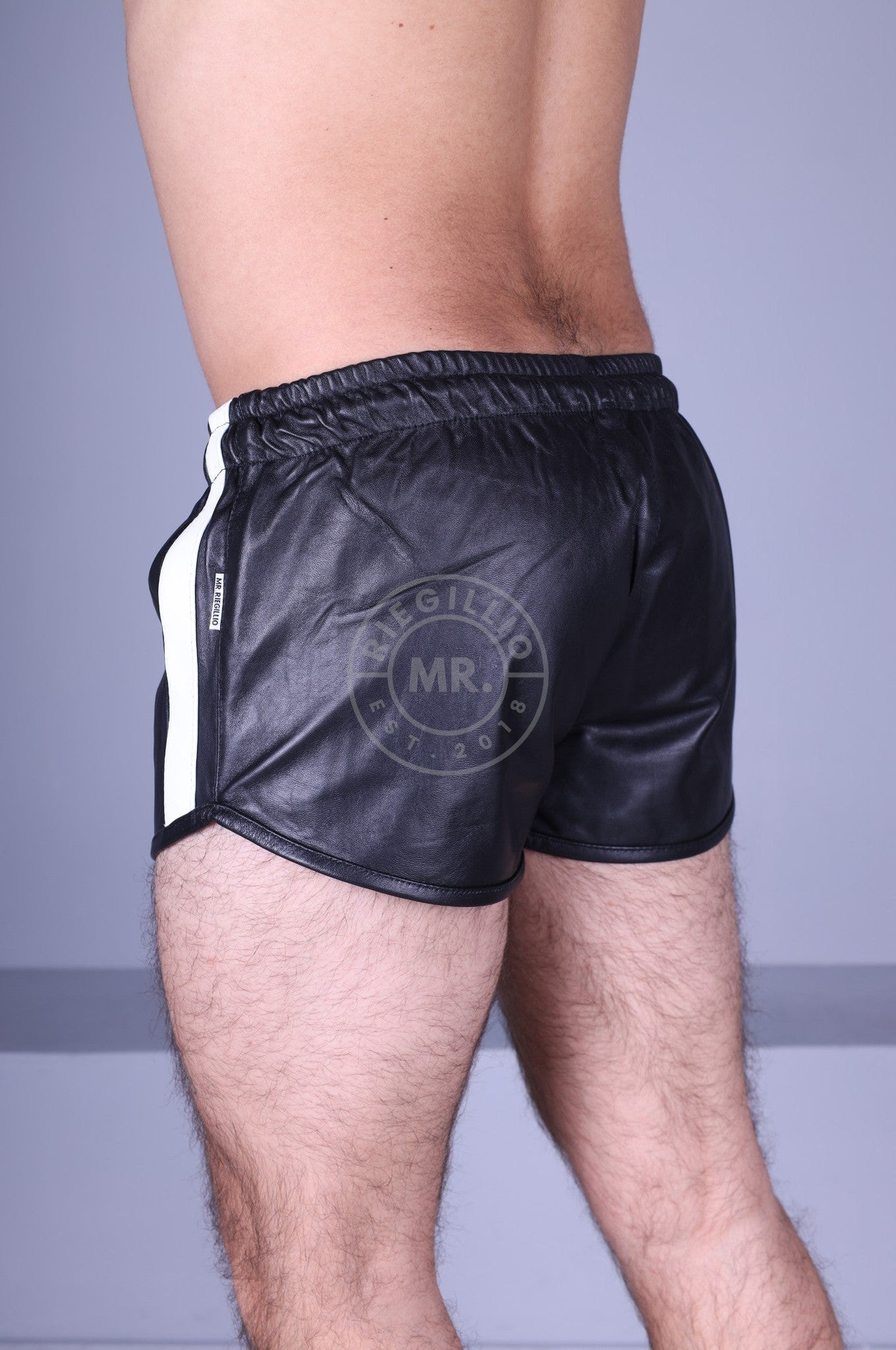 Black Leather Mini Short - WHITE STRIPE at MR. Riegillio