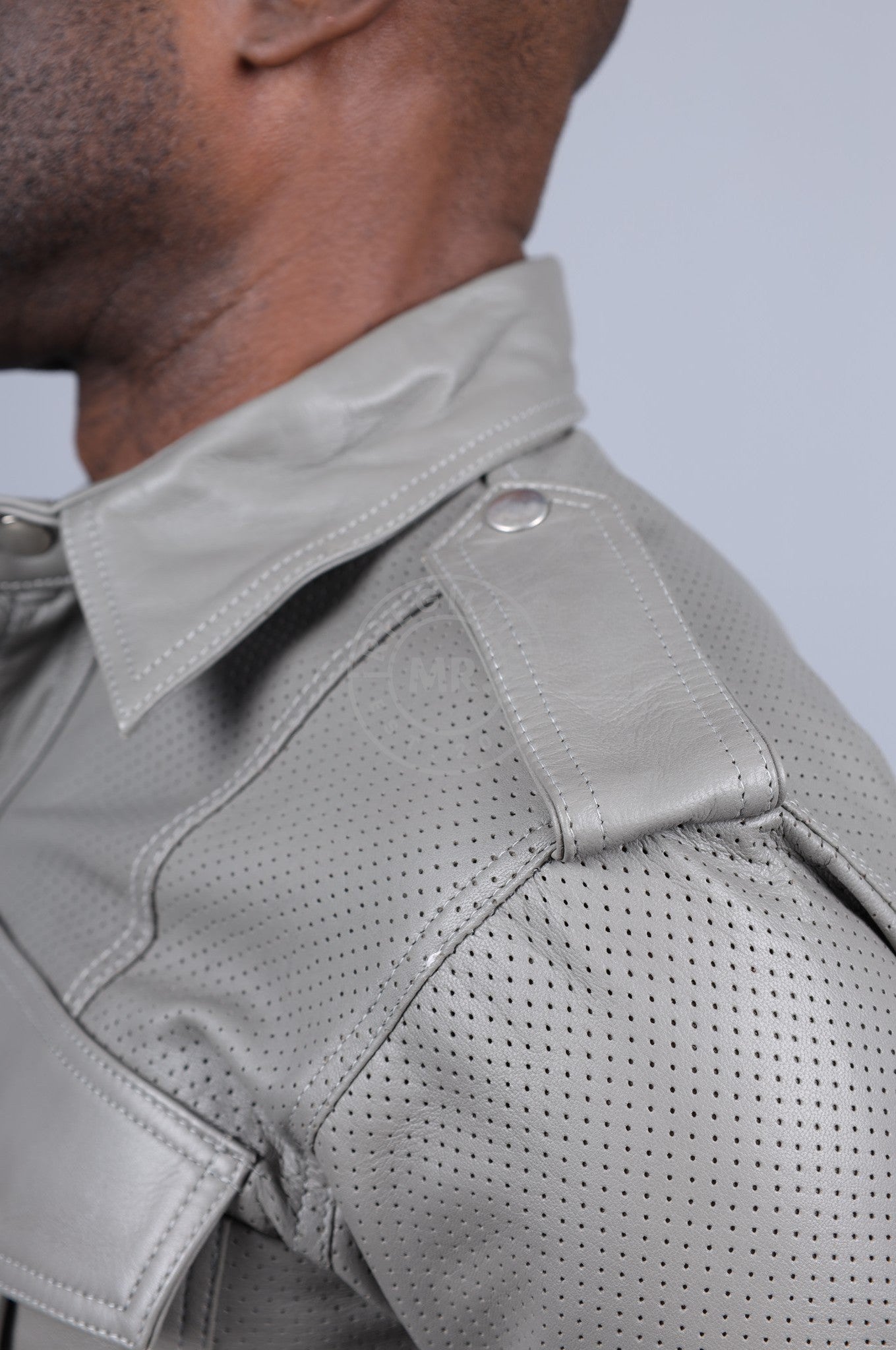 Ash Grey Leather Perforated Shirt-at MR. Riegillio