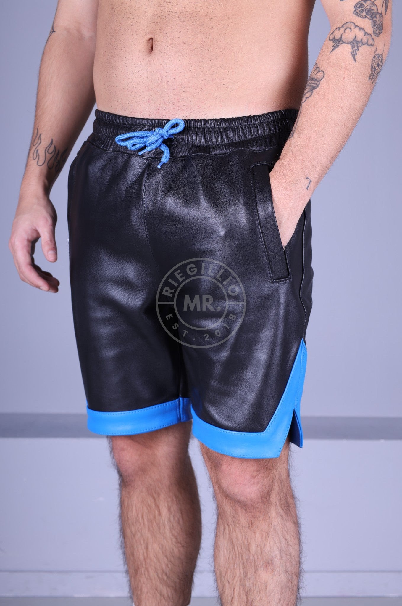 Black Leather Holiday Short - Blue Trim at MR. Riegillio