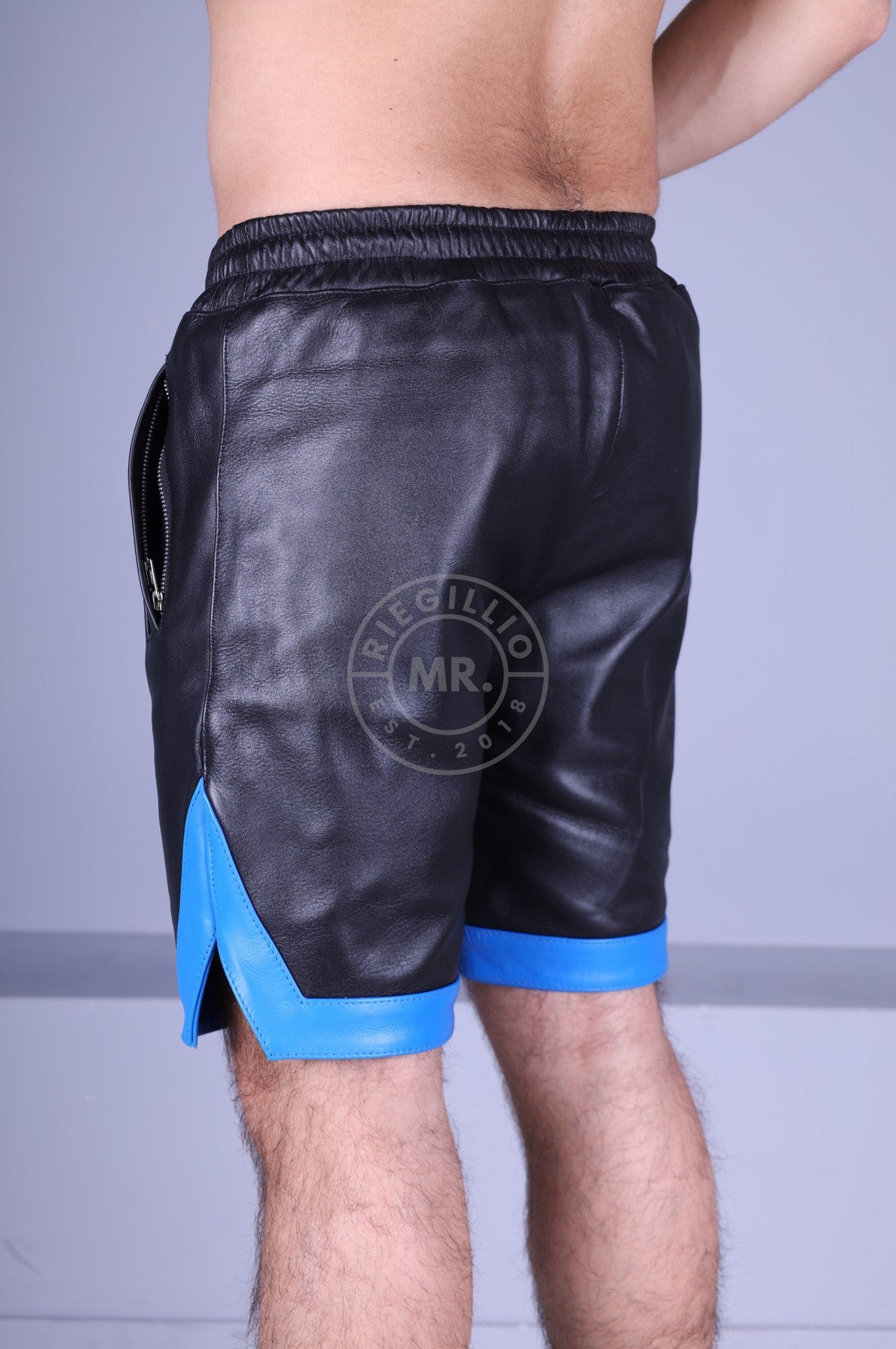 Black Leather Holiday Short - Blue Trim at MR. Riegillio