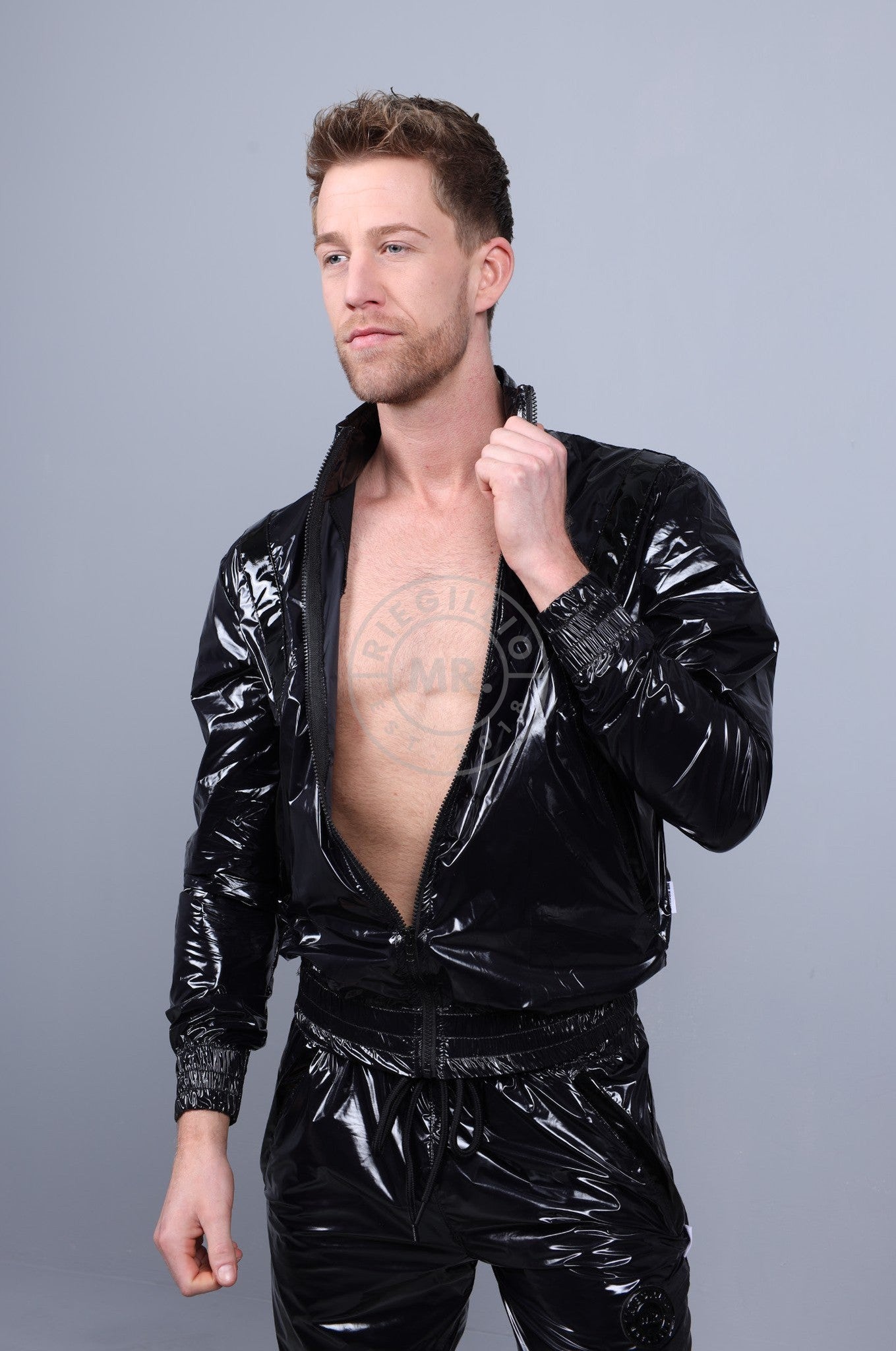 Shiny Nylon 24 Tracksuit Jacket - Black at MR. Riegillio
