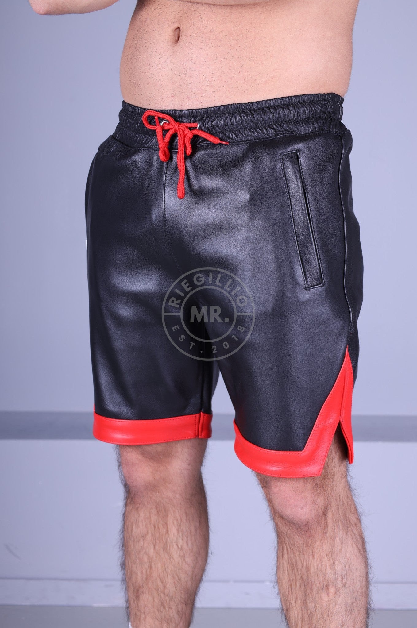 Black Leather Holiday Short - Red Trim-at MR. Riegillio