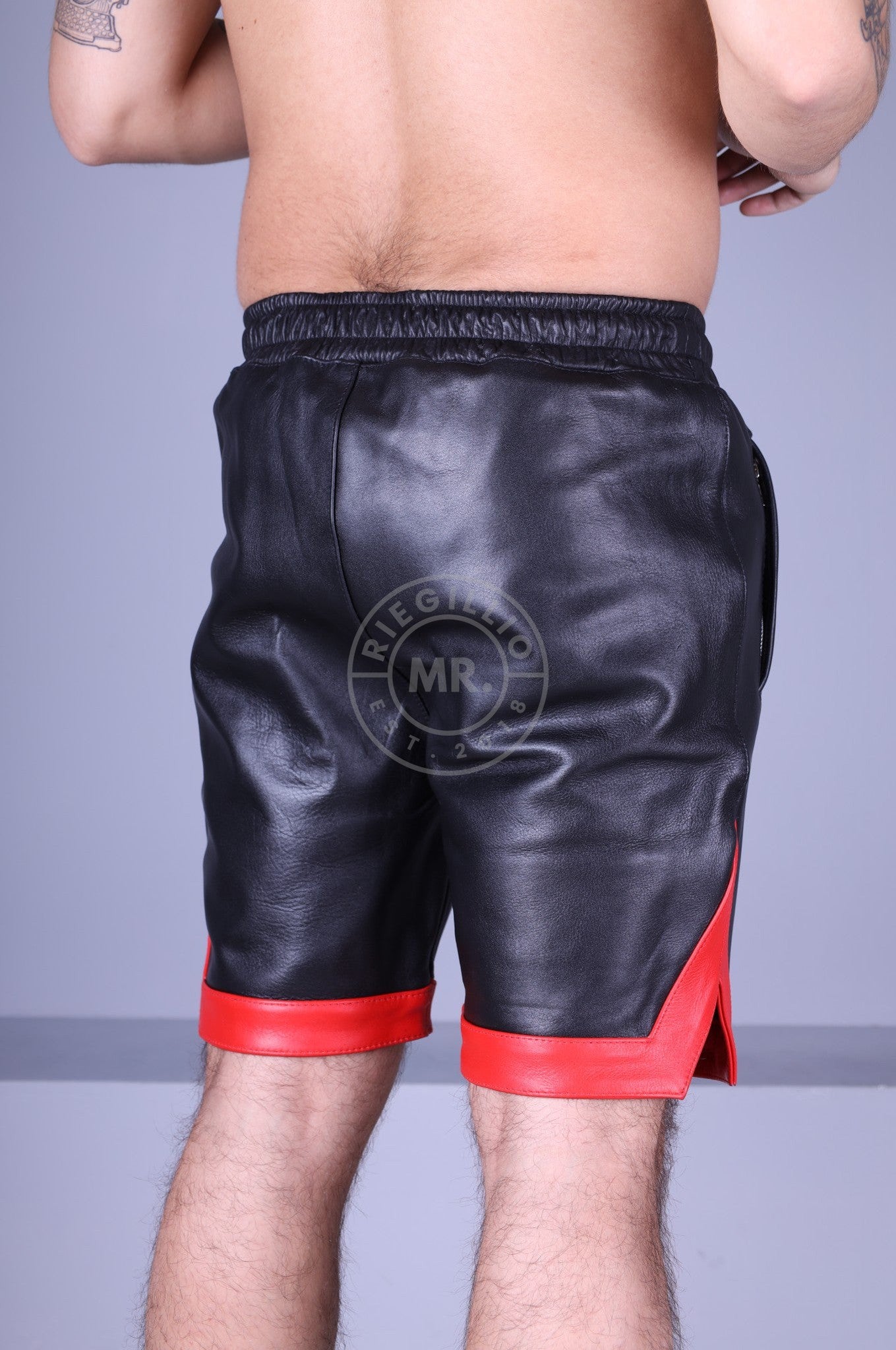 Black Leather Holiday Short - Red Trim-at MR. Riegillio