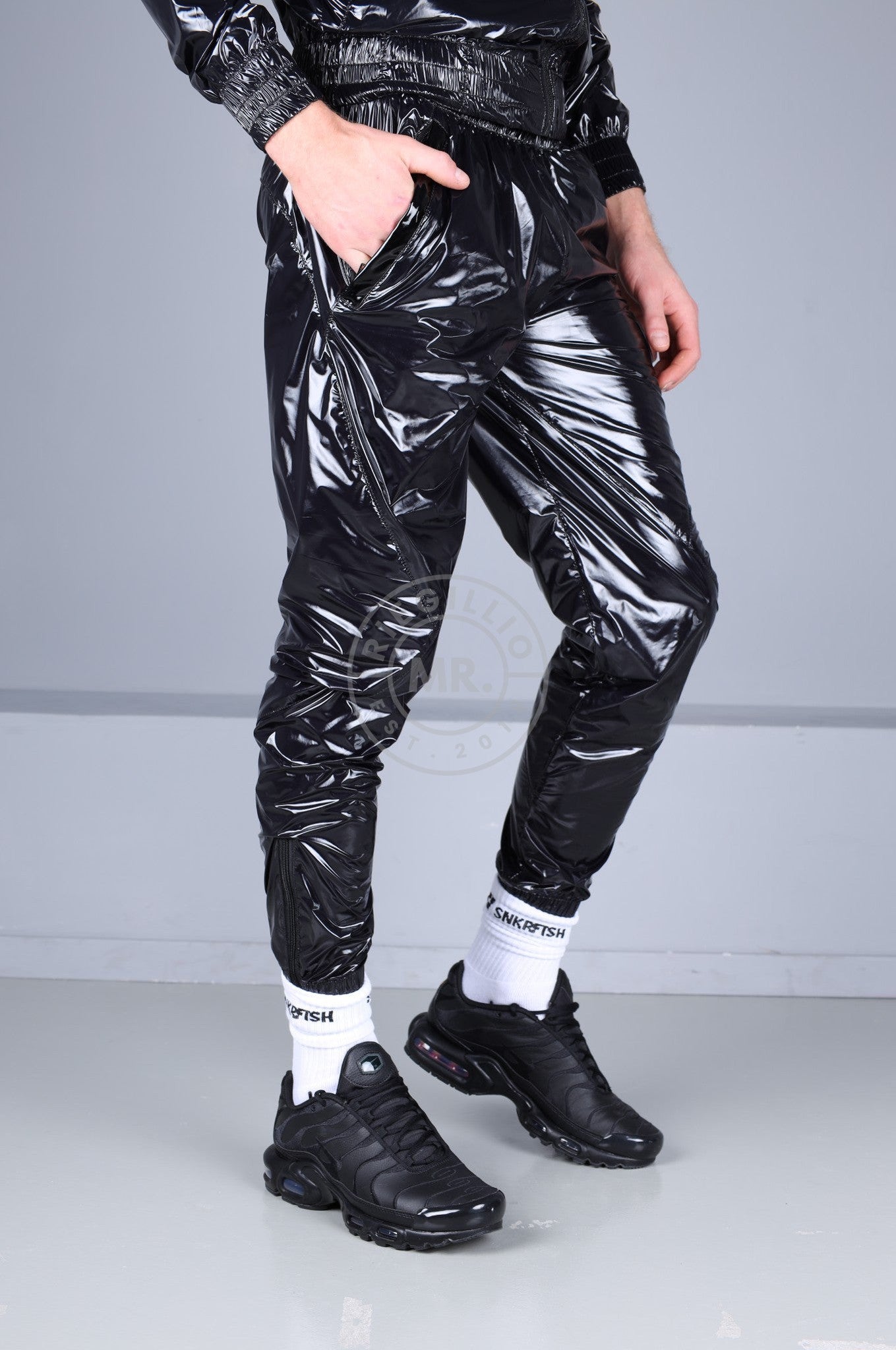 Shiny Nylon 24 Tracksuit Pants - Black at MR. Riegillio