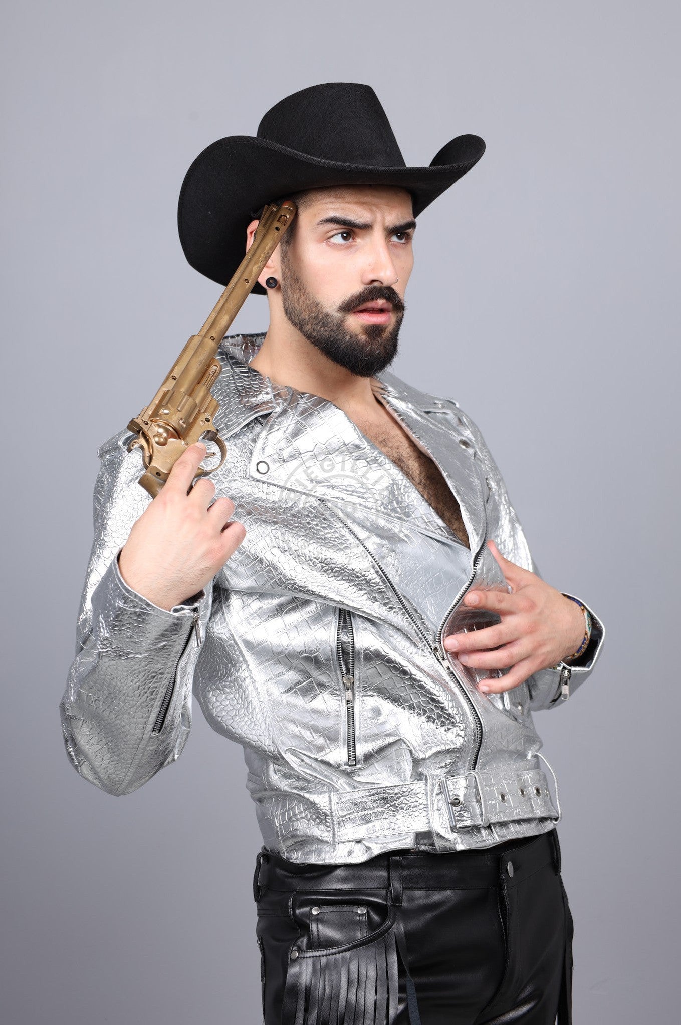 Metallic Leather Snake Biker Jacket - Silver at MR. Riegillio