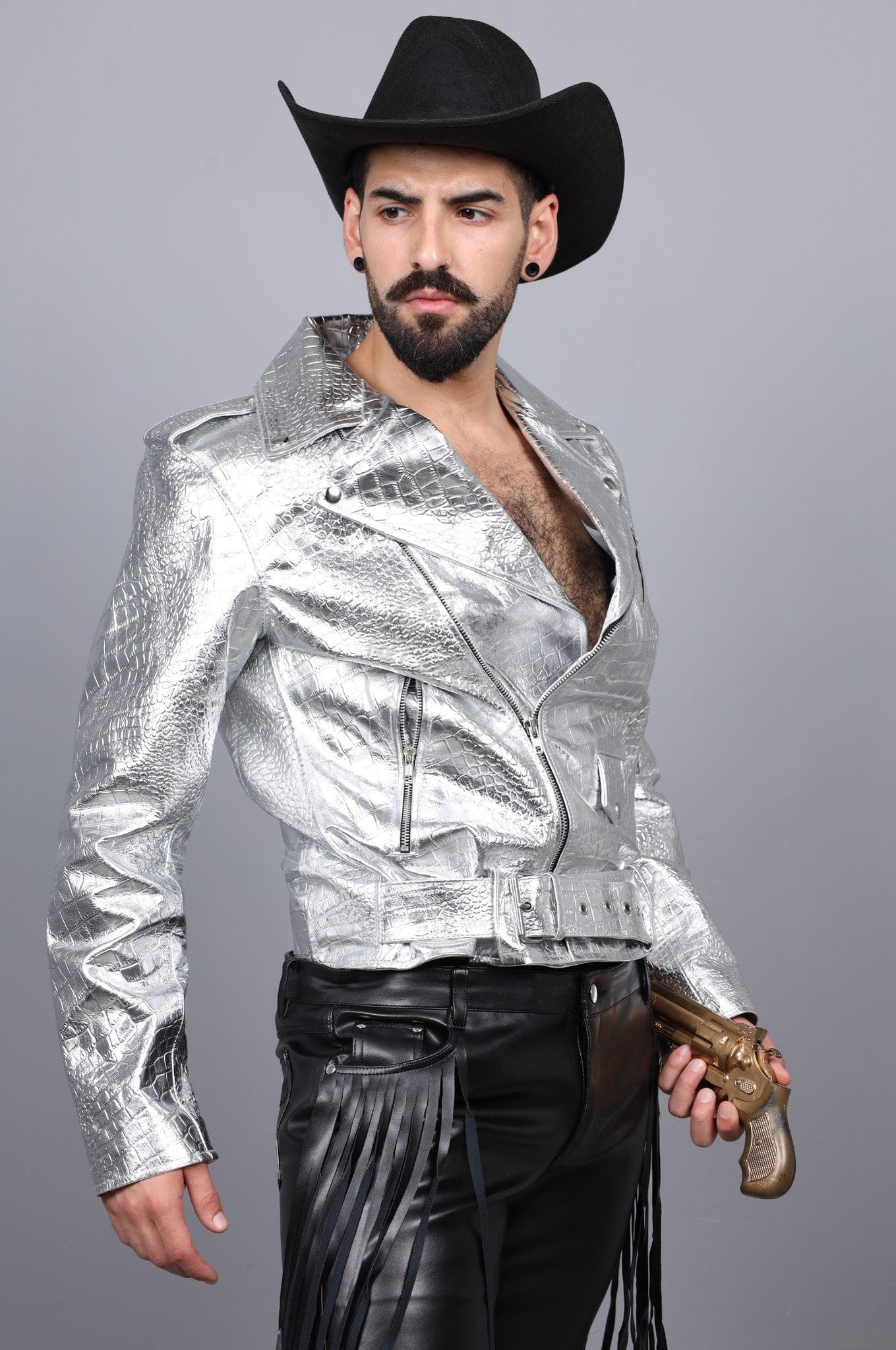 Metallic Leather Snake Biker Jacket - Silver at MR. Riegillio