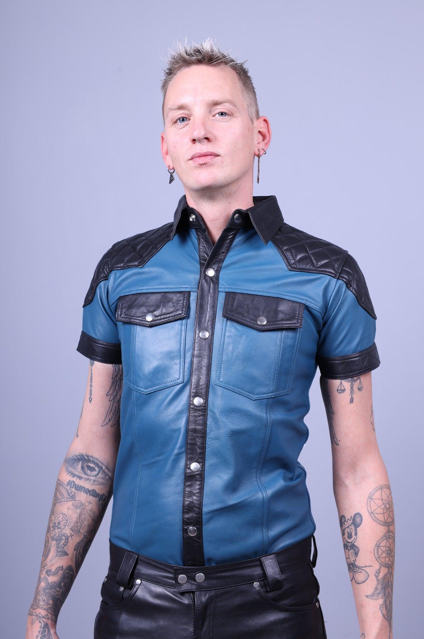 Jeans Blue Leather Shirt with Black Padding at MR. Riegillio