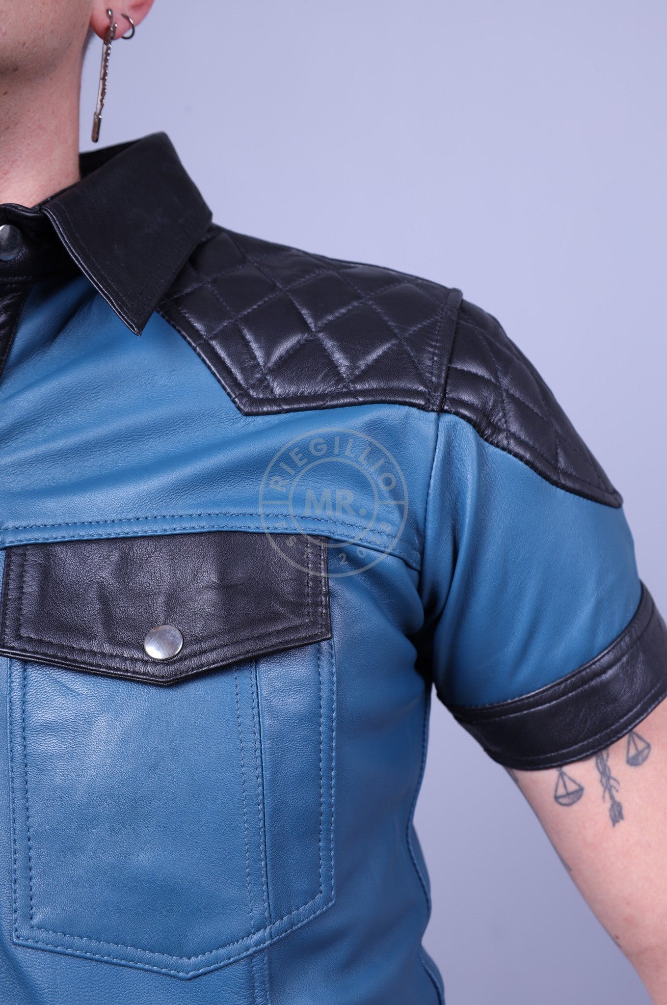 Jeans Blue Leather Shirt with Black Padding-at MR. Riegillio