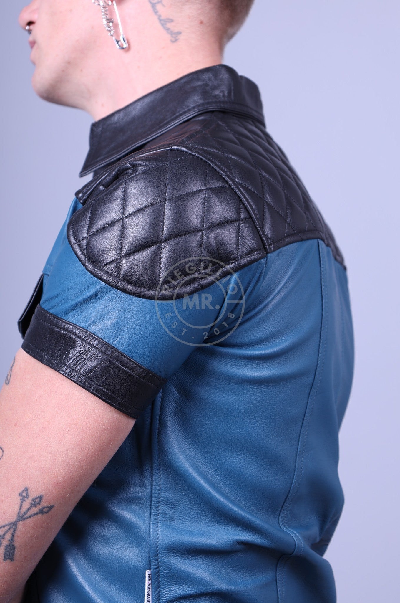 Jeans Blue Leather Shirt with Black Padding at MR. Riegillio