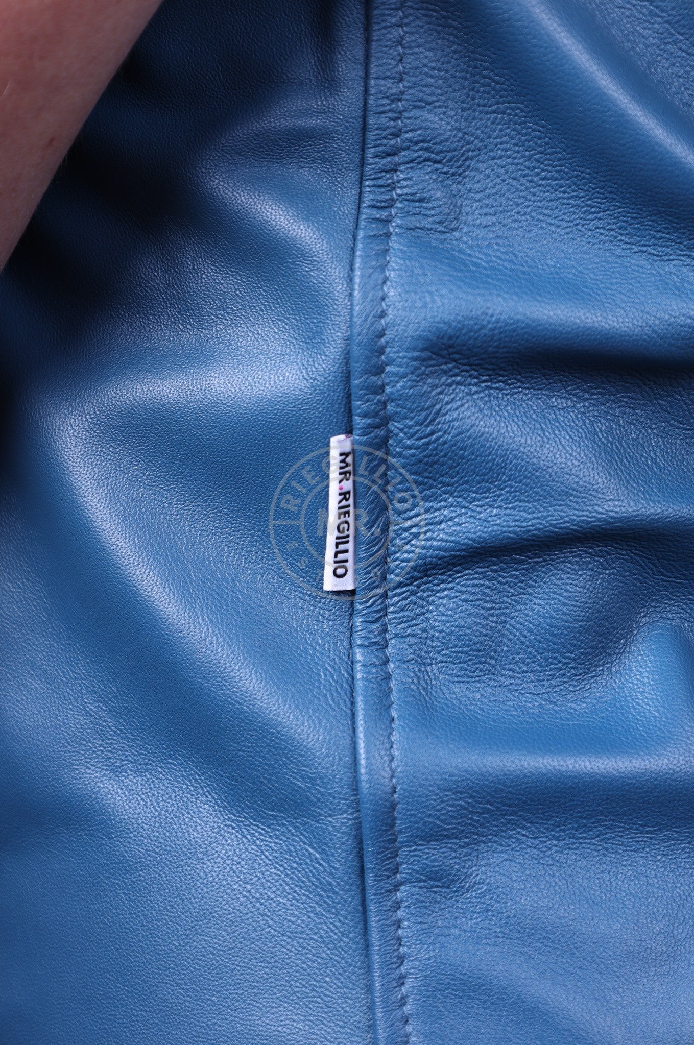 Jeans Blue Leather Shirt with Black Padding at MR. Riegillio