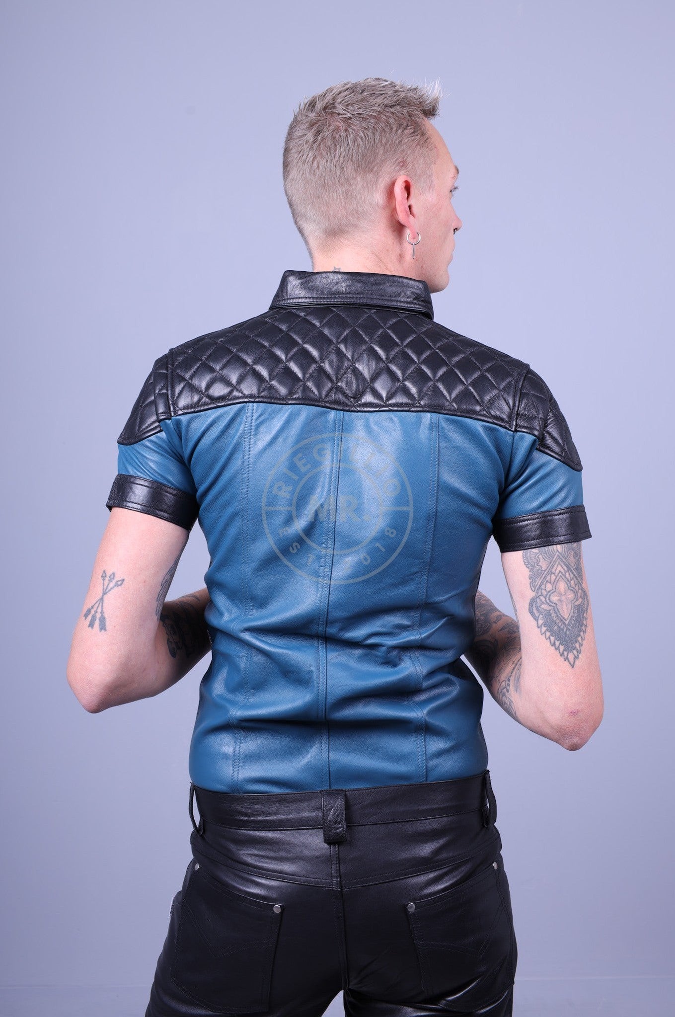 Jeans Blue Leather Shirt with Black Padding at MR. Riegillio