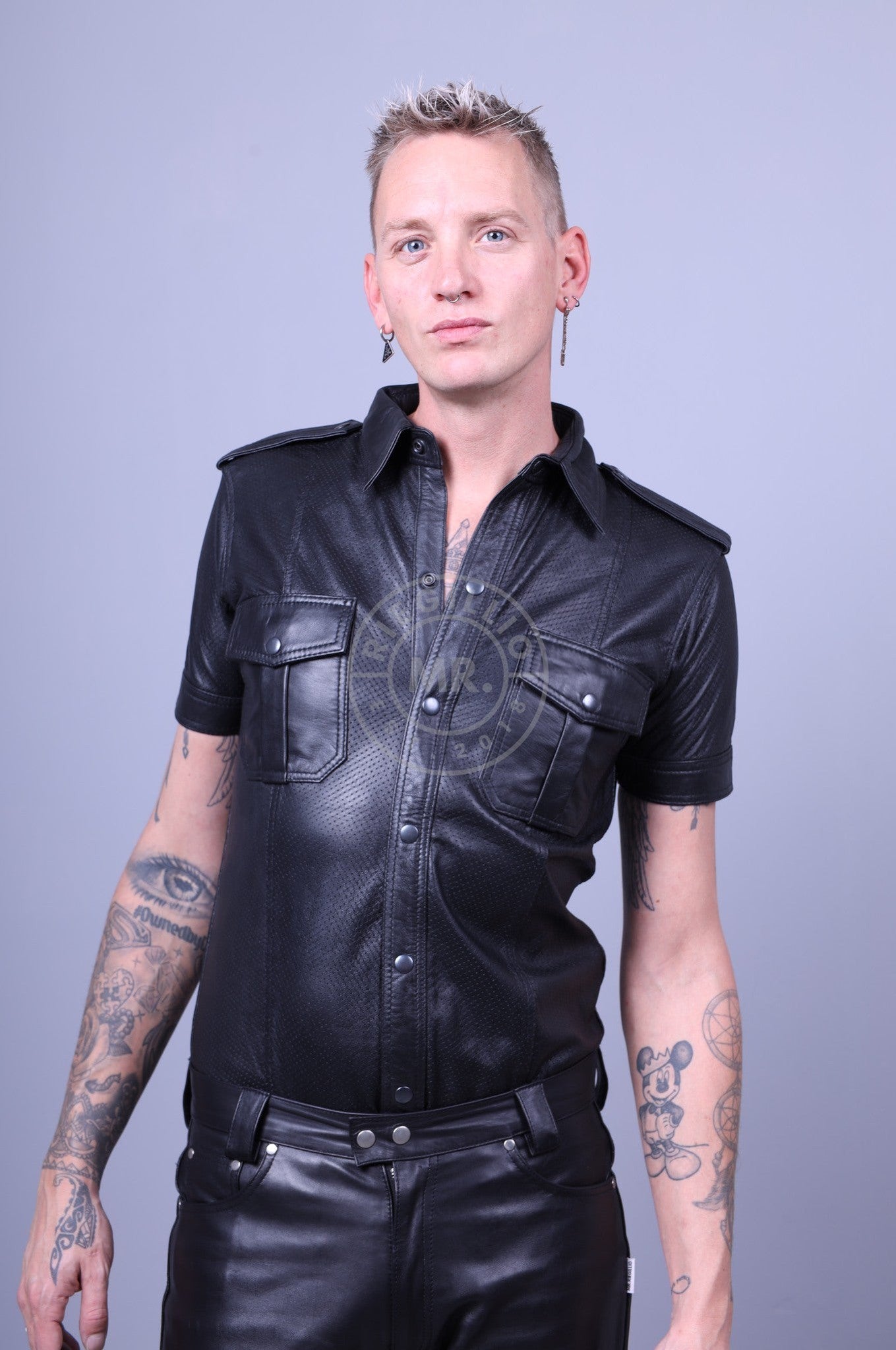 Black Leather Perforated Shirt at MR. Riegillio