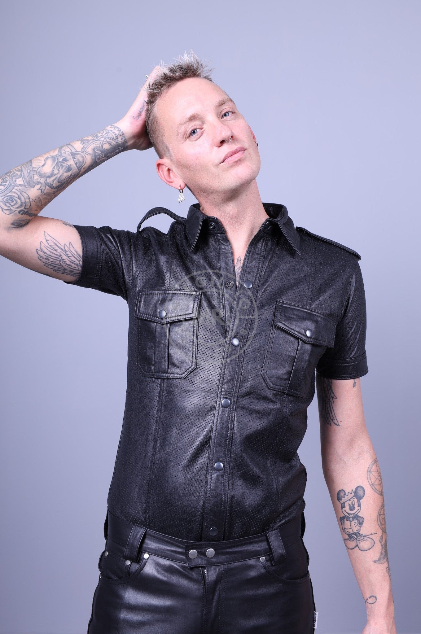 Black Leather Perforated Shirt-at MR. Riegillio