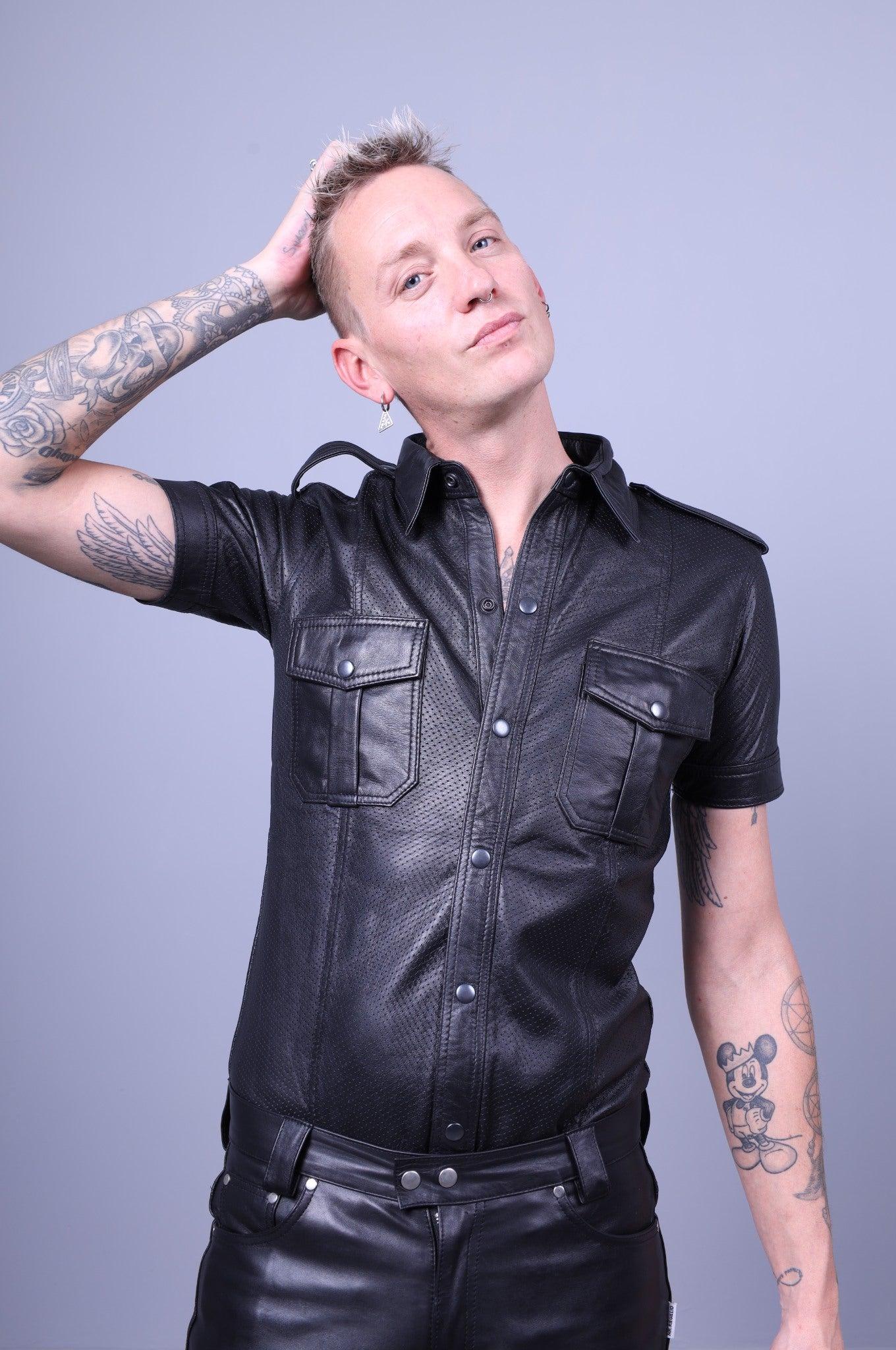 Black Leather Perforated Shirt at MR. Riegillio