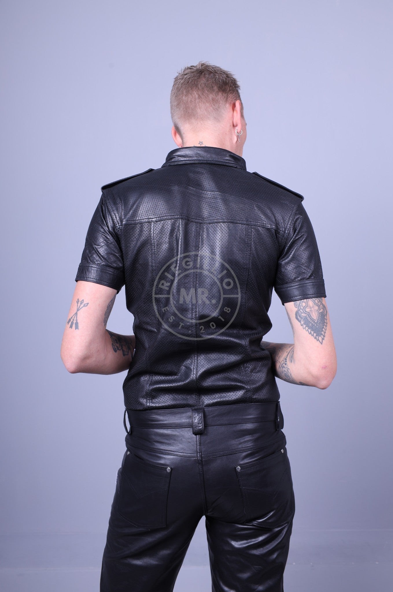 Black Leather Perforated Shirt-at MR. Riegillio