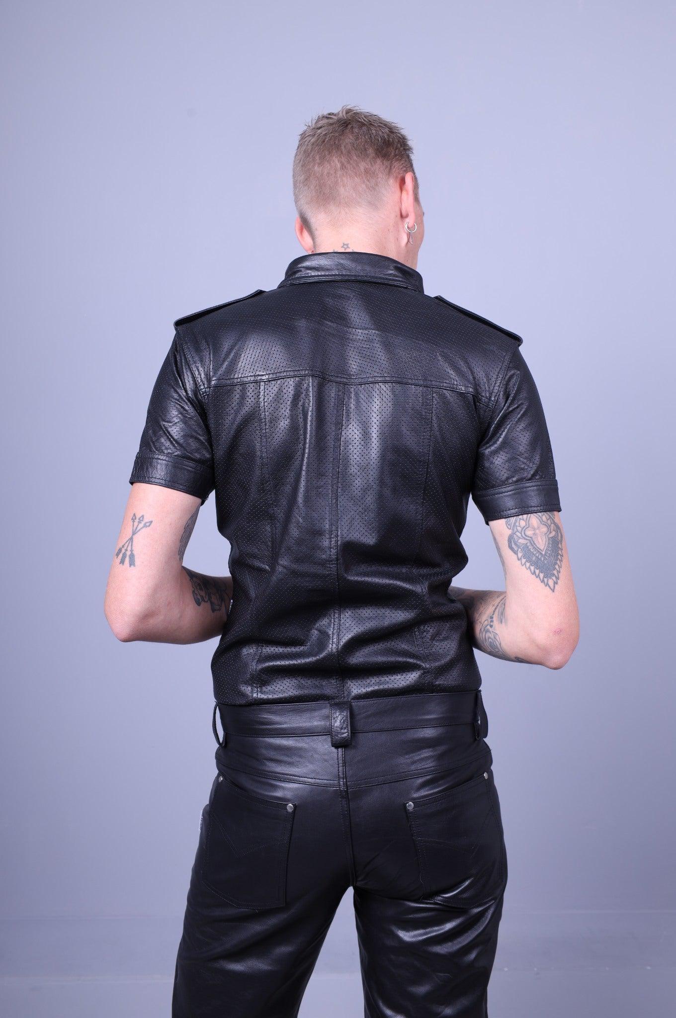 Black Leather Perforated Shirt at MR. Riegillio