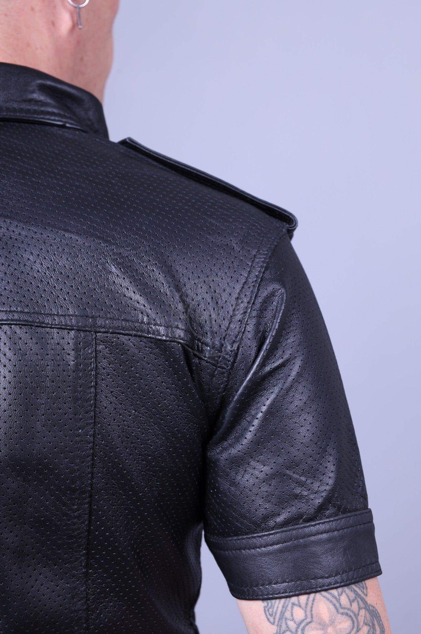 Black Leather Perforated Shirt at MR. Riegillio