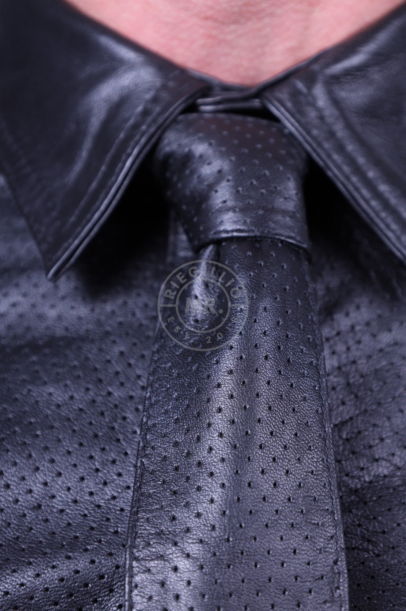 Black Leather Perforated Tie-at MR. Riegillio