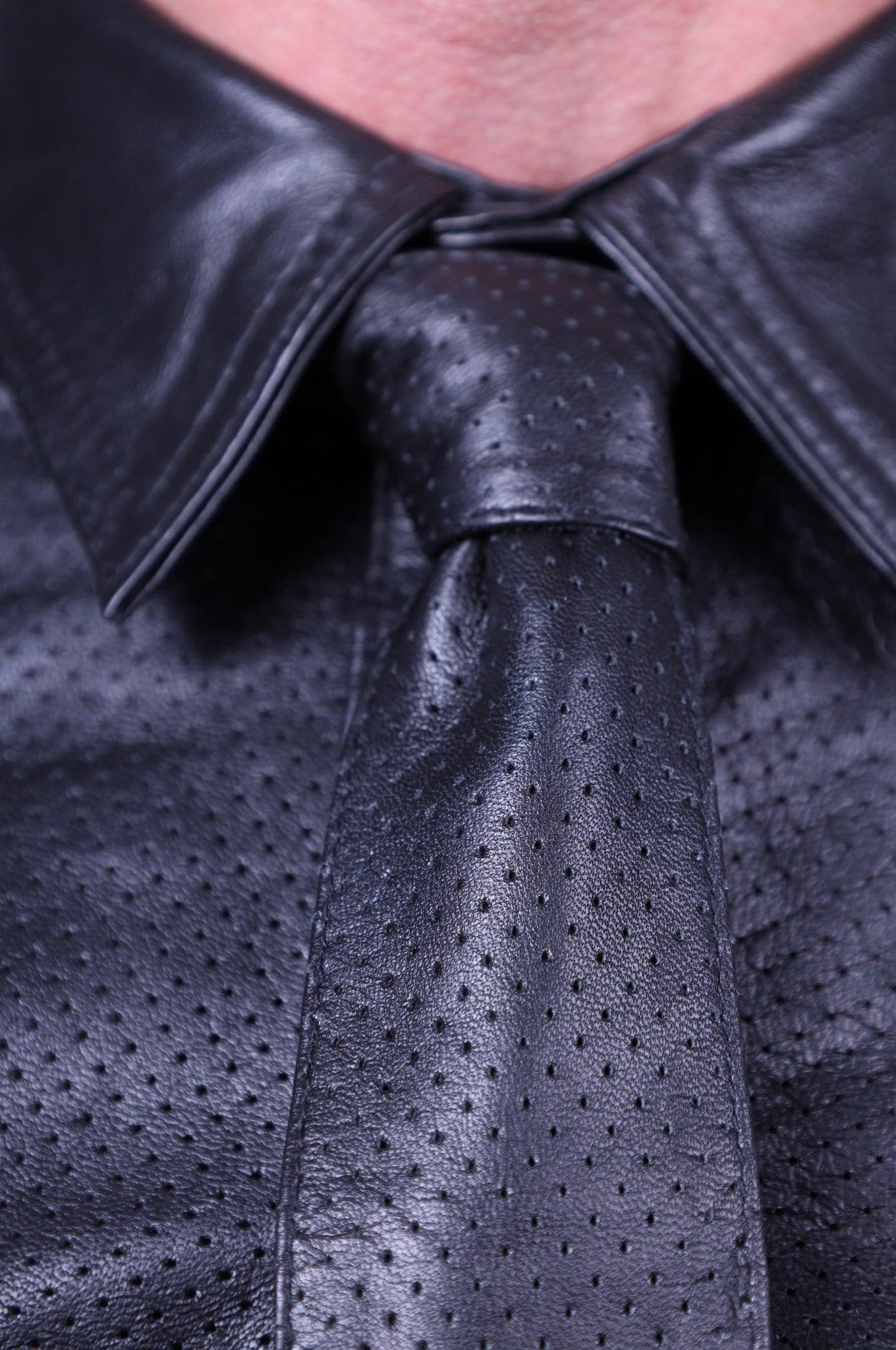Black Leather Perforated Tie at MR. Riegillio