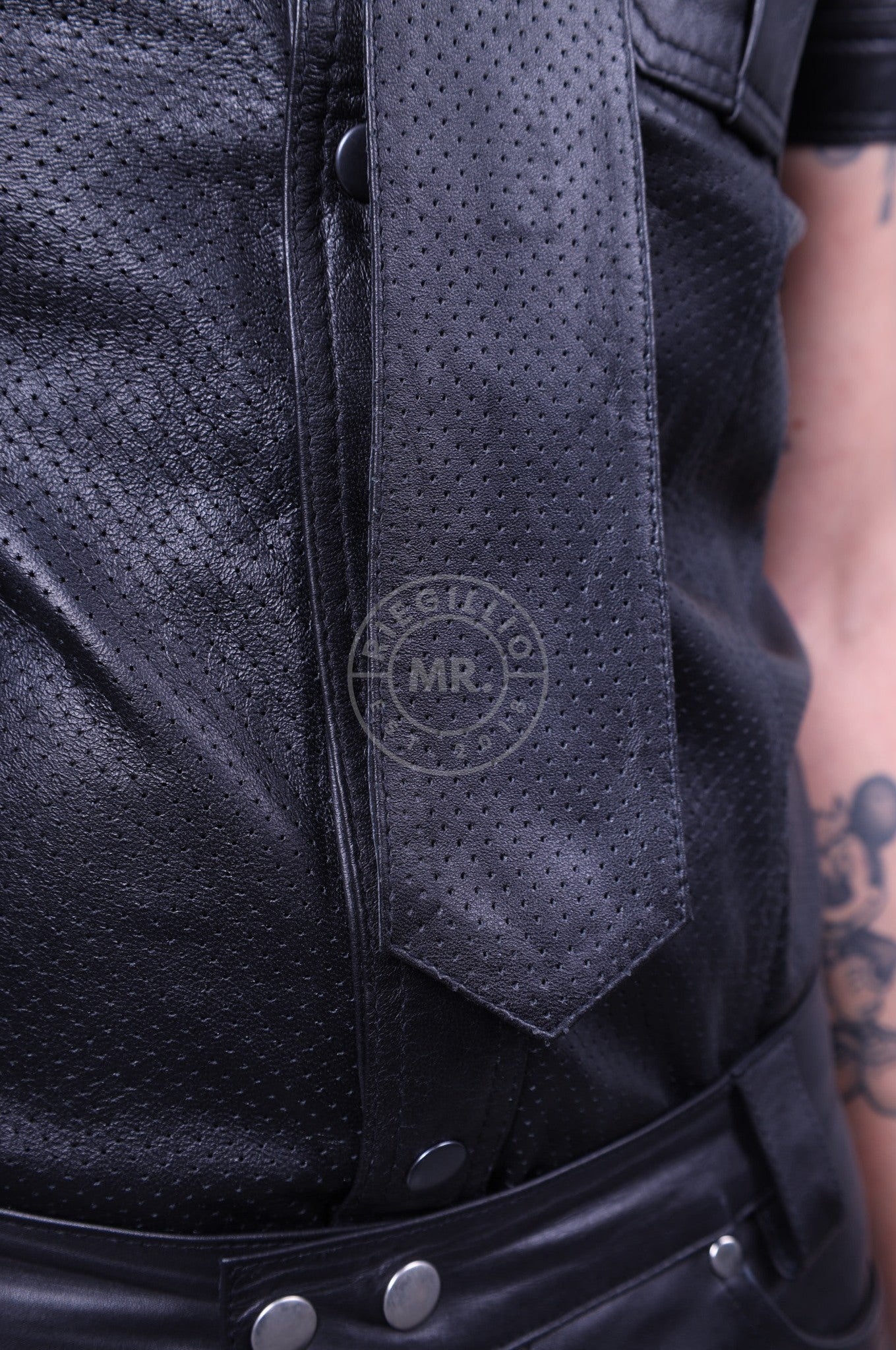 Black Leather Perforated Tie at MR. Riegillio