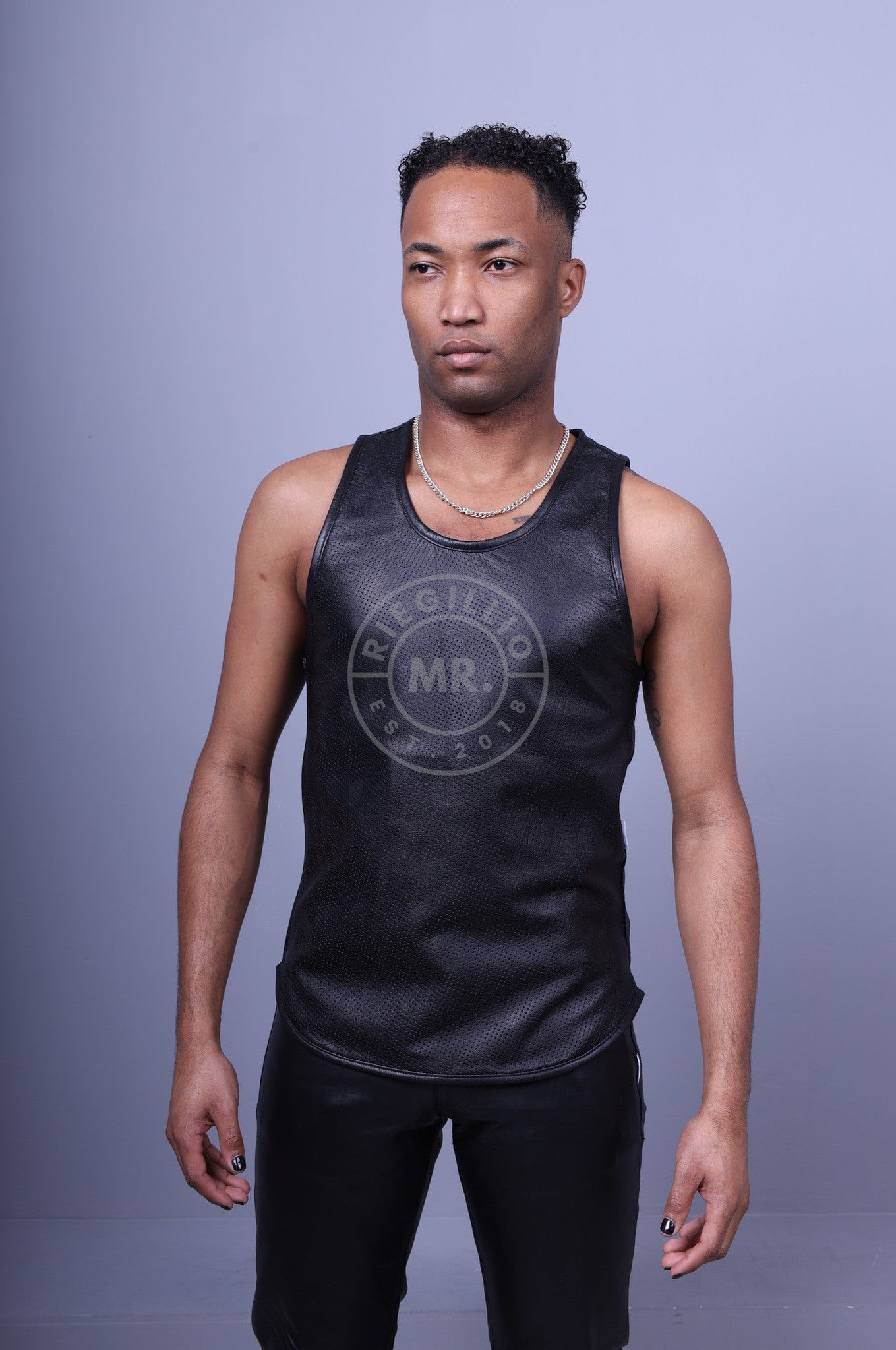 Black Leather Perforated Tank Top at MR. Riegillio