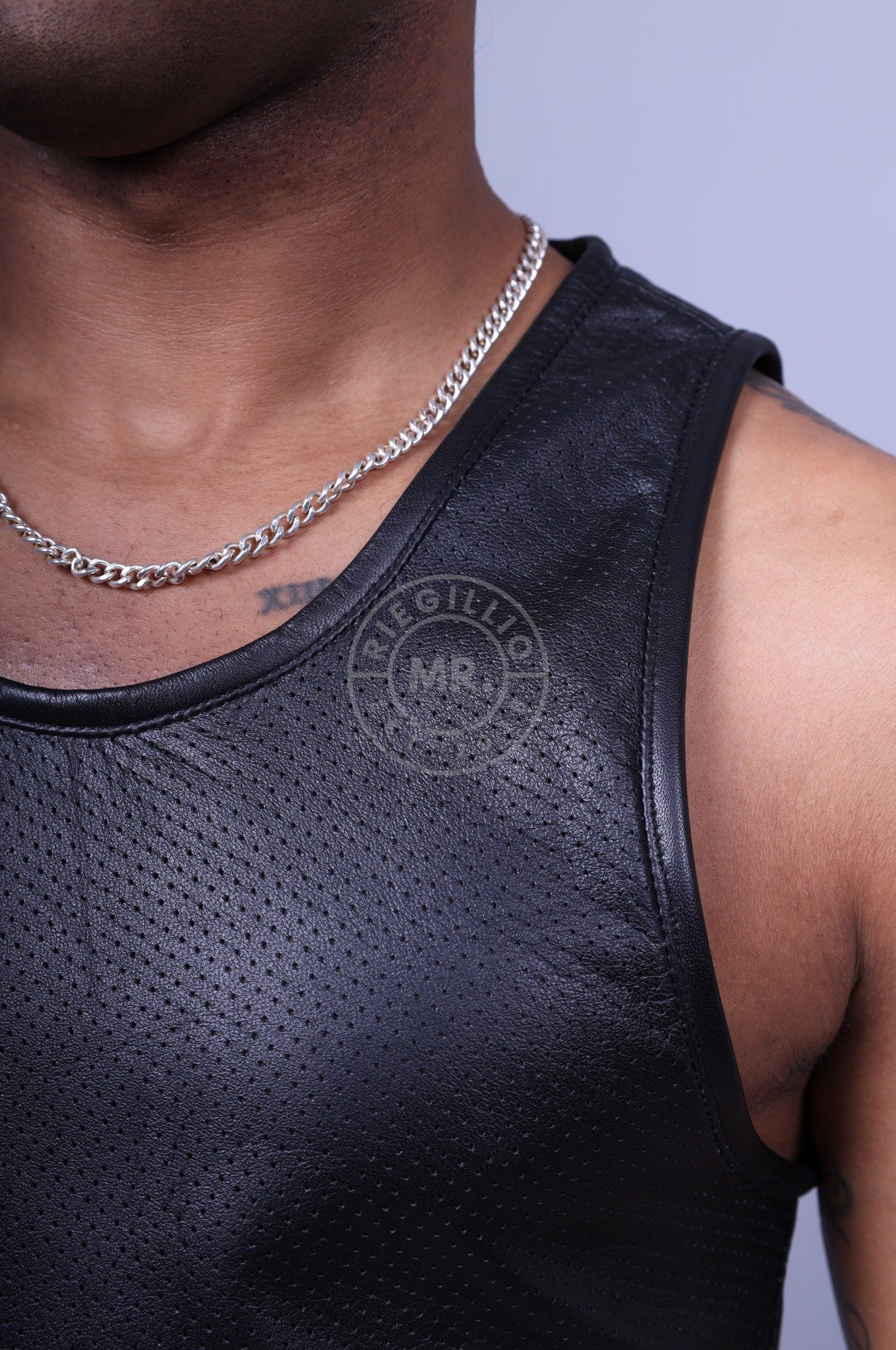 Black Leather Perforated Tank Top at MR. Riegillio