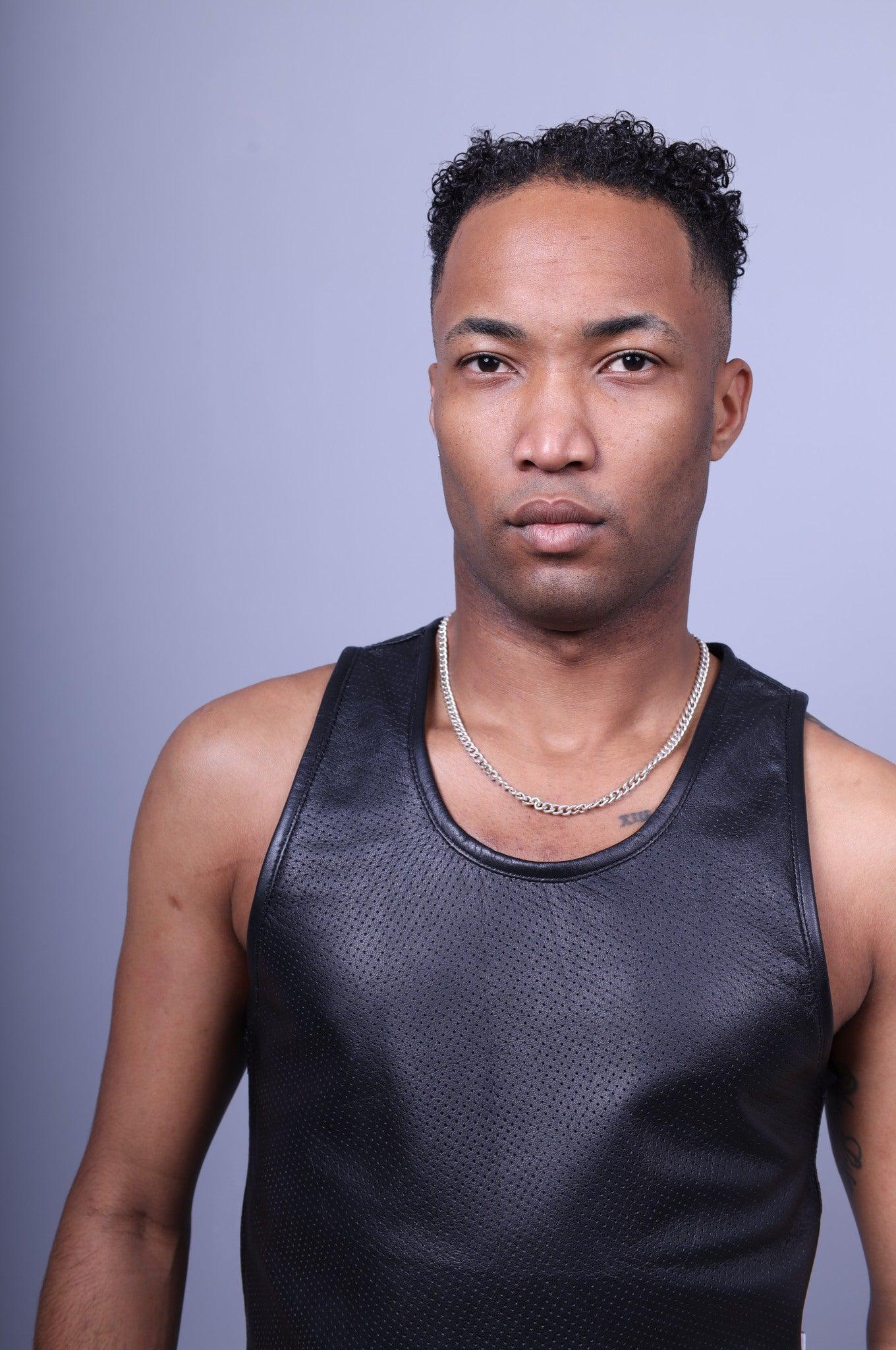 Black Leather Perforated Tank Top at MR. Riegillio