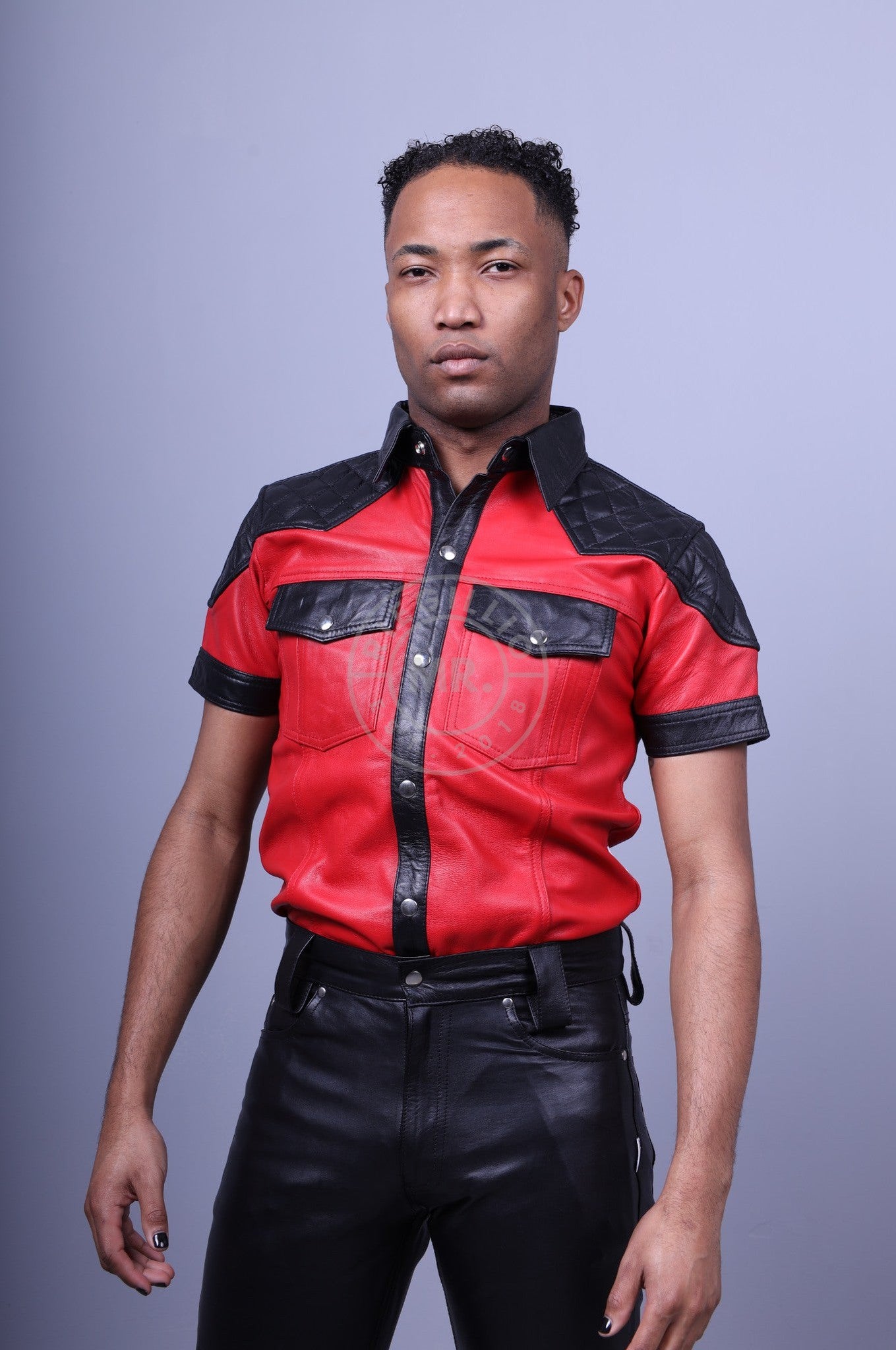 Red Leather Shirt with Black Padding-at MR. Riegillio