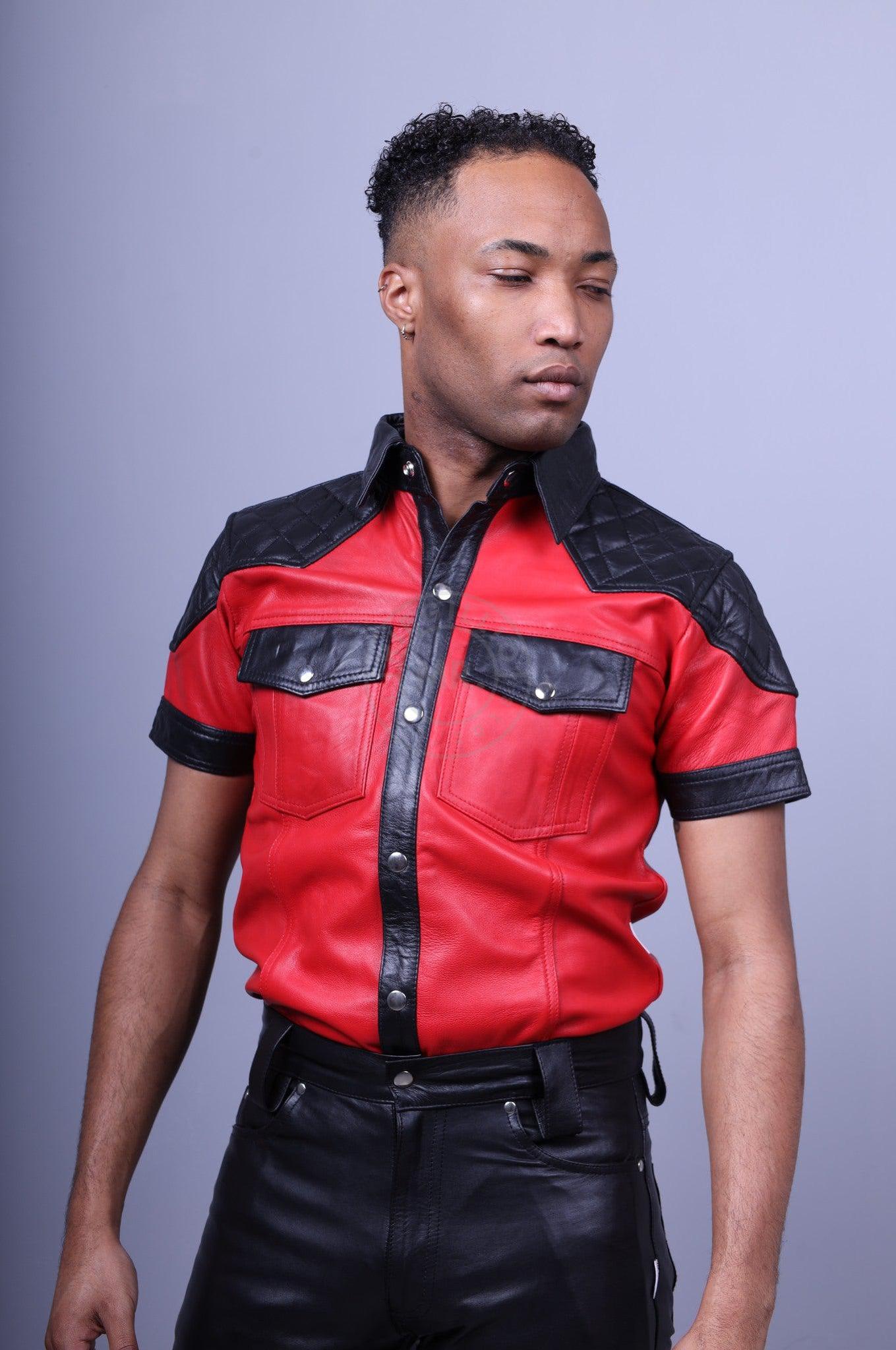 Red Leather Shirt with Black Padding at MR. Riegillio