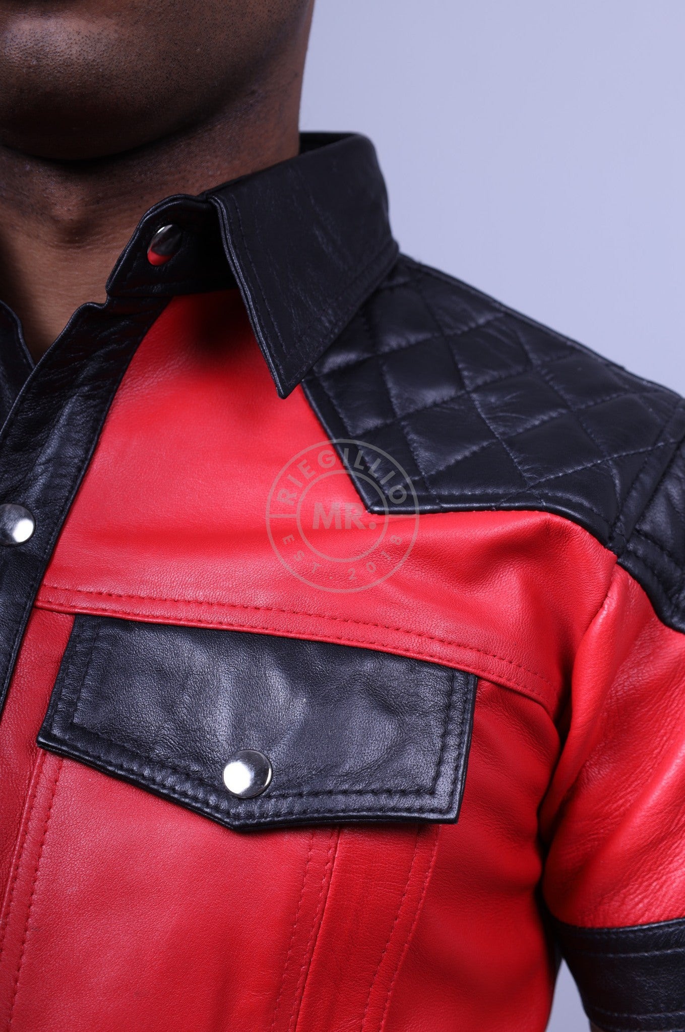 Red Leather Shirt with Black Padding-at MR. Riegillio