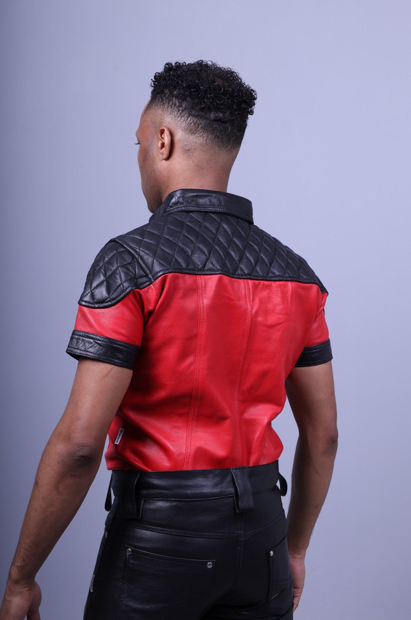 Red Leather Shirt with Black Padding at MR. Riegillio