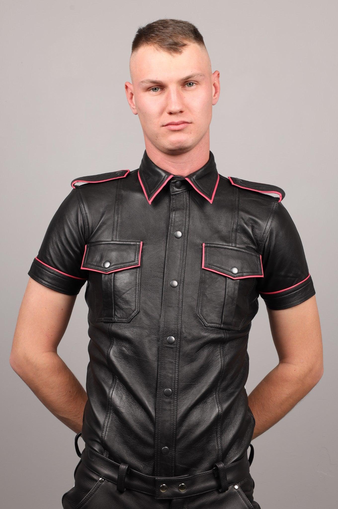 Black Leather Shirt - Pink Piping at MR. Riegillio