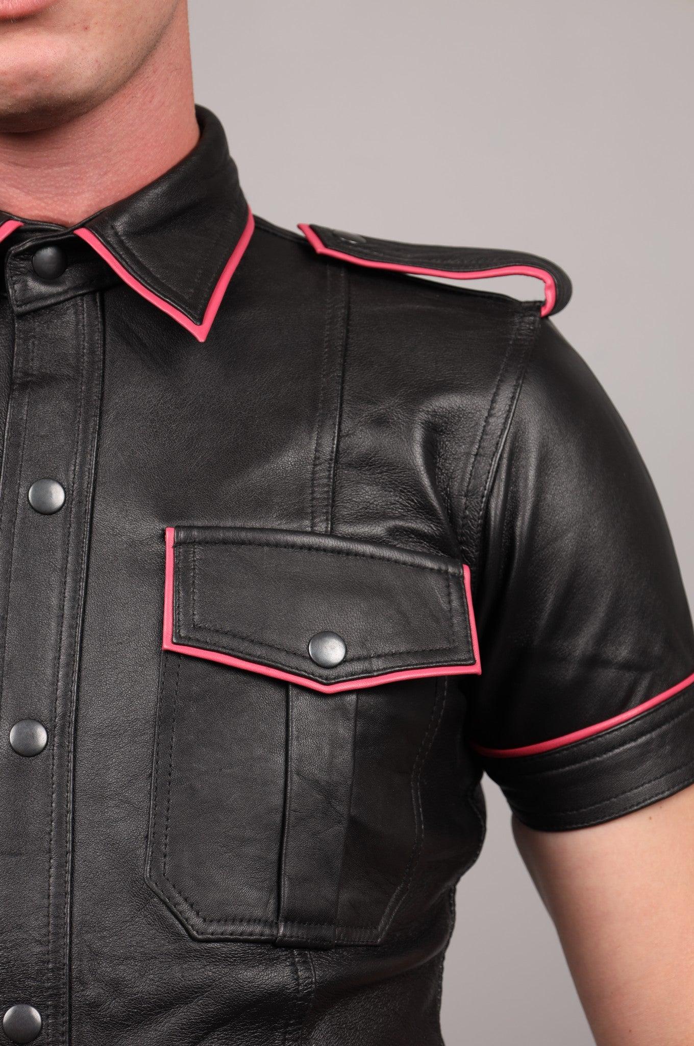 Black Leather Shirt - Pink Piping at MR. Riegillio
